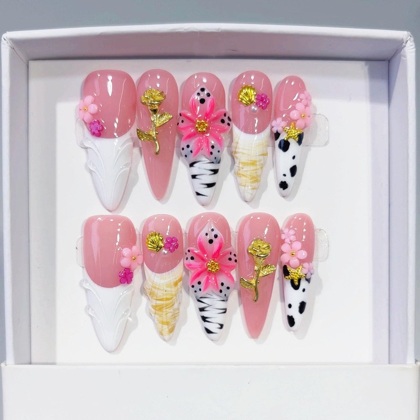 10 Pcs Handmade Press on Nails Long Stilettos Fake Nails with White French Tip Leopard Print Design 3D Flowers False Nails Pink Acrylic Stiletto Press Ons Nails for Women Wedding Nail Art - M Size