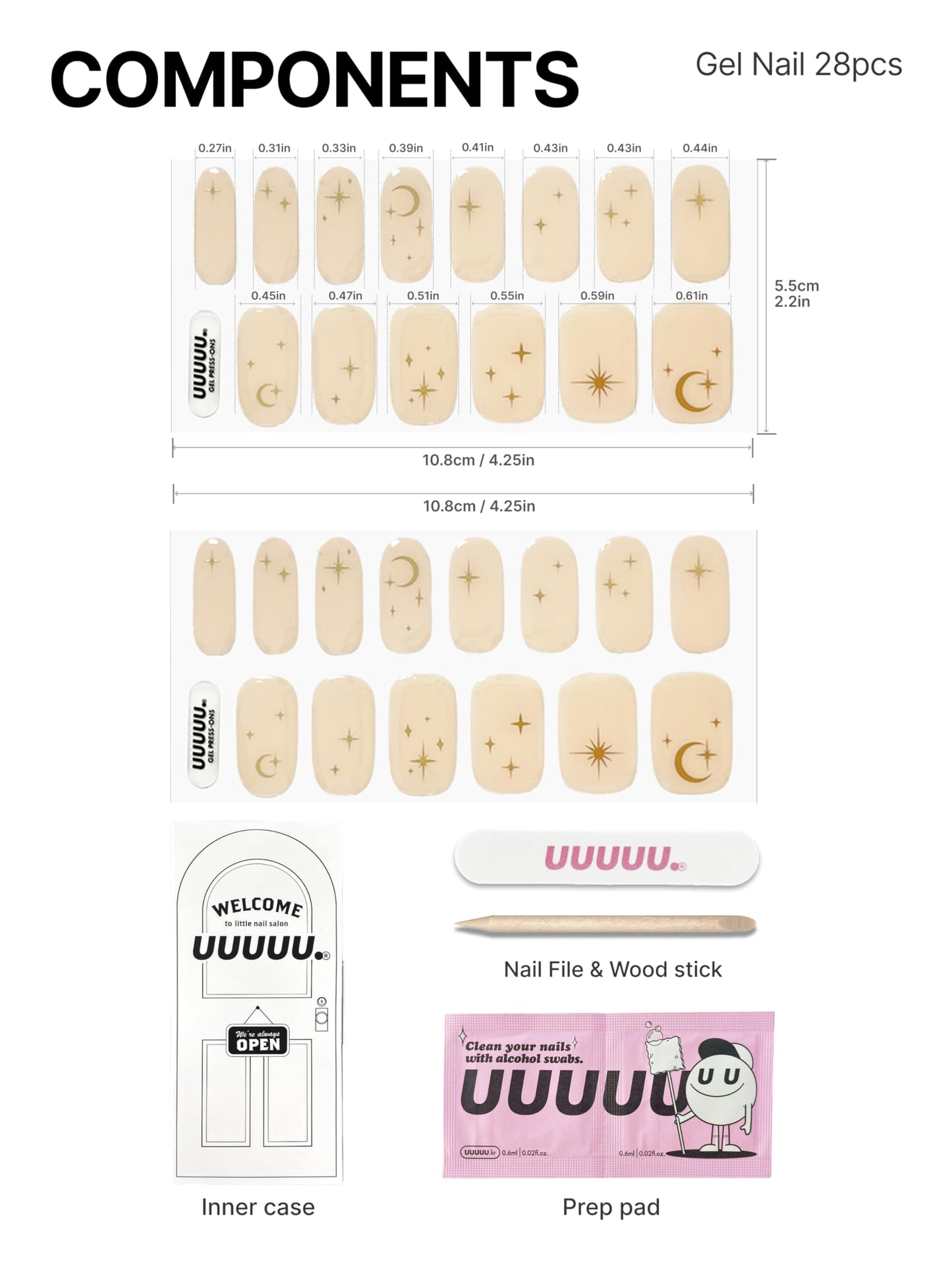 UUUUUU Semi Cured Gel Nail Strips | Salon-Quality | UV Free Gel Nail Wraps for Women | Easy Peel&Stick | Long-Lasting up to 14 Days | 28 Strips Set+File & Wipes | Gift-Ready(Luna StarUGN206)