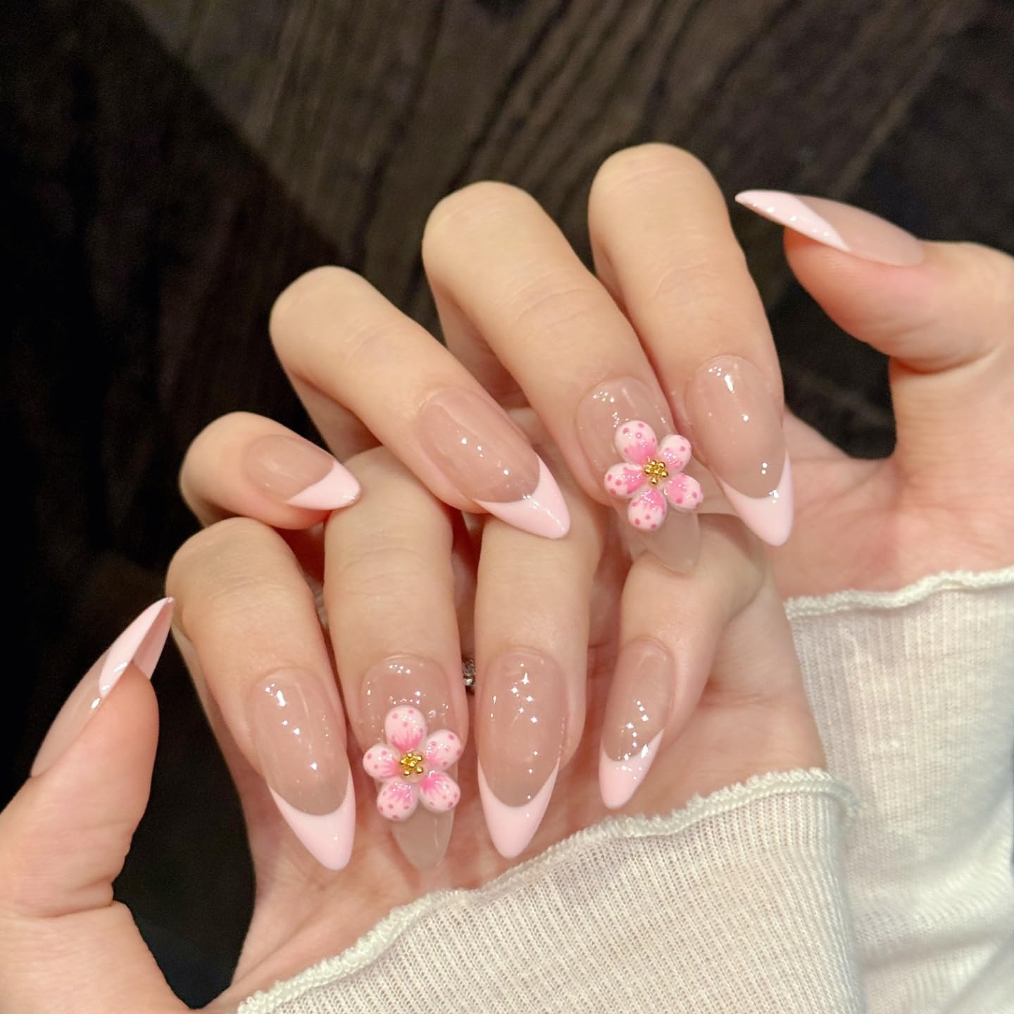 Handmade Press On Nails Medium Almond Pink And Delicate Carved Ppeach Blossoms Reusable Wedding Prom And Festival Gift Handmade Acrylic Press On Nails Aacrylic Nail (M)