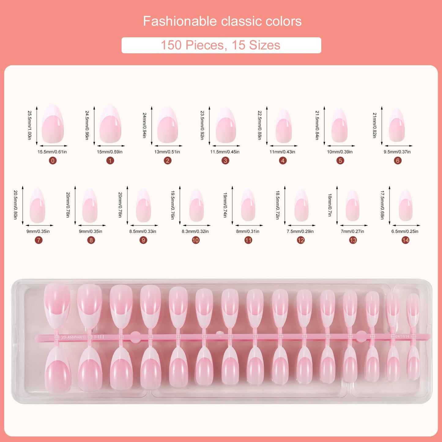 Jellyqueen White French Tips 150 Pcs Pink Medium Almond Press On Nails Fake Nails，Soft Gel Nail False Nails Art DIY 15 Sizes Gifts For Women(A18-02-09)