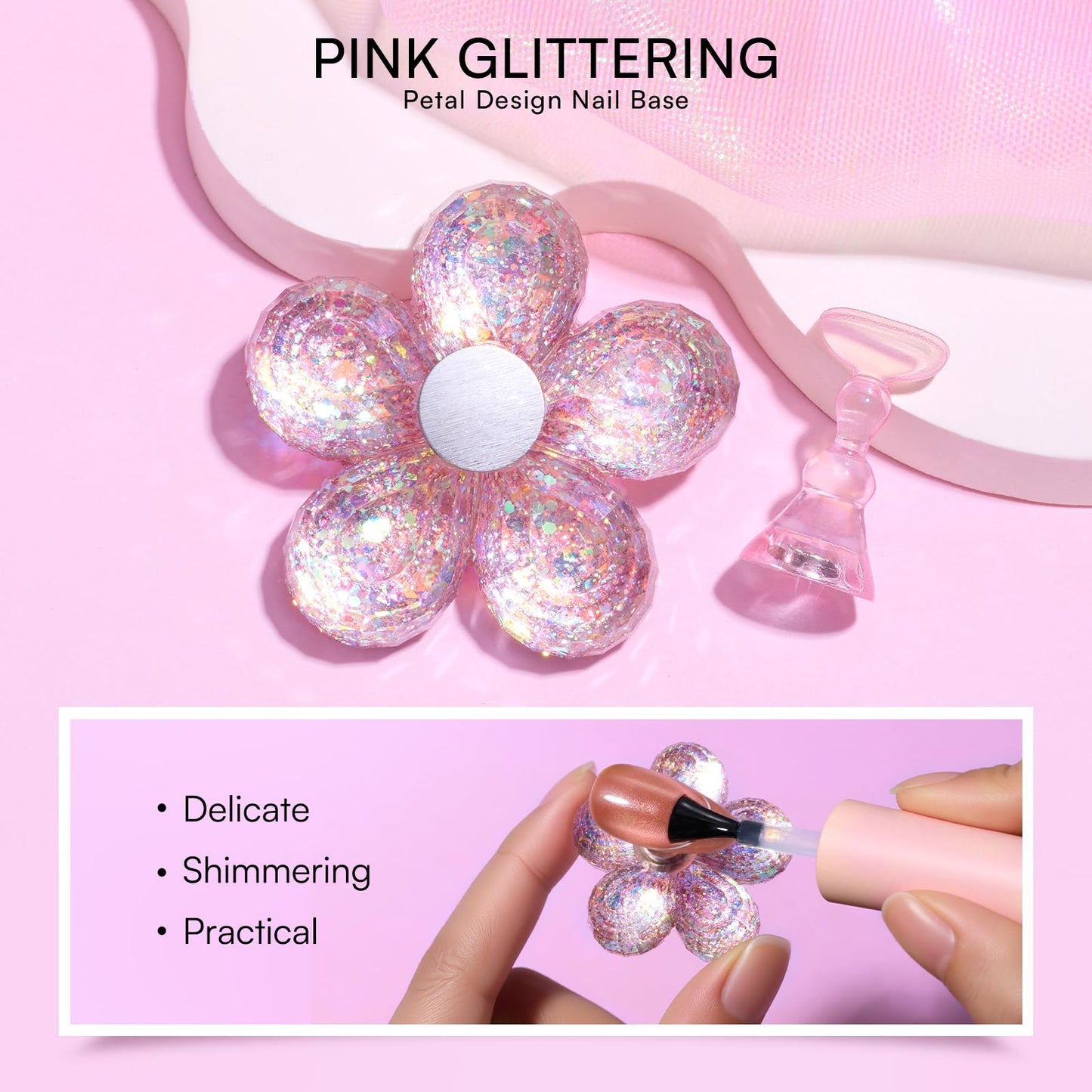 Makartt Holo Nail Stand for Press-On Nails DIY, Magnetic Holder, 1 Flower & 2 Long Bases, 10 Nail Stands for Gel Curing, Beginners Practice, Nail Tech & Creators Display Nails, Clear Pink, 48 Putty