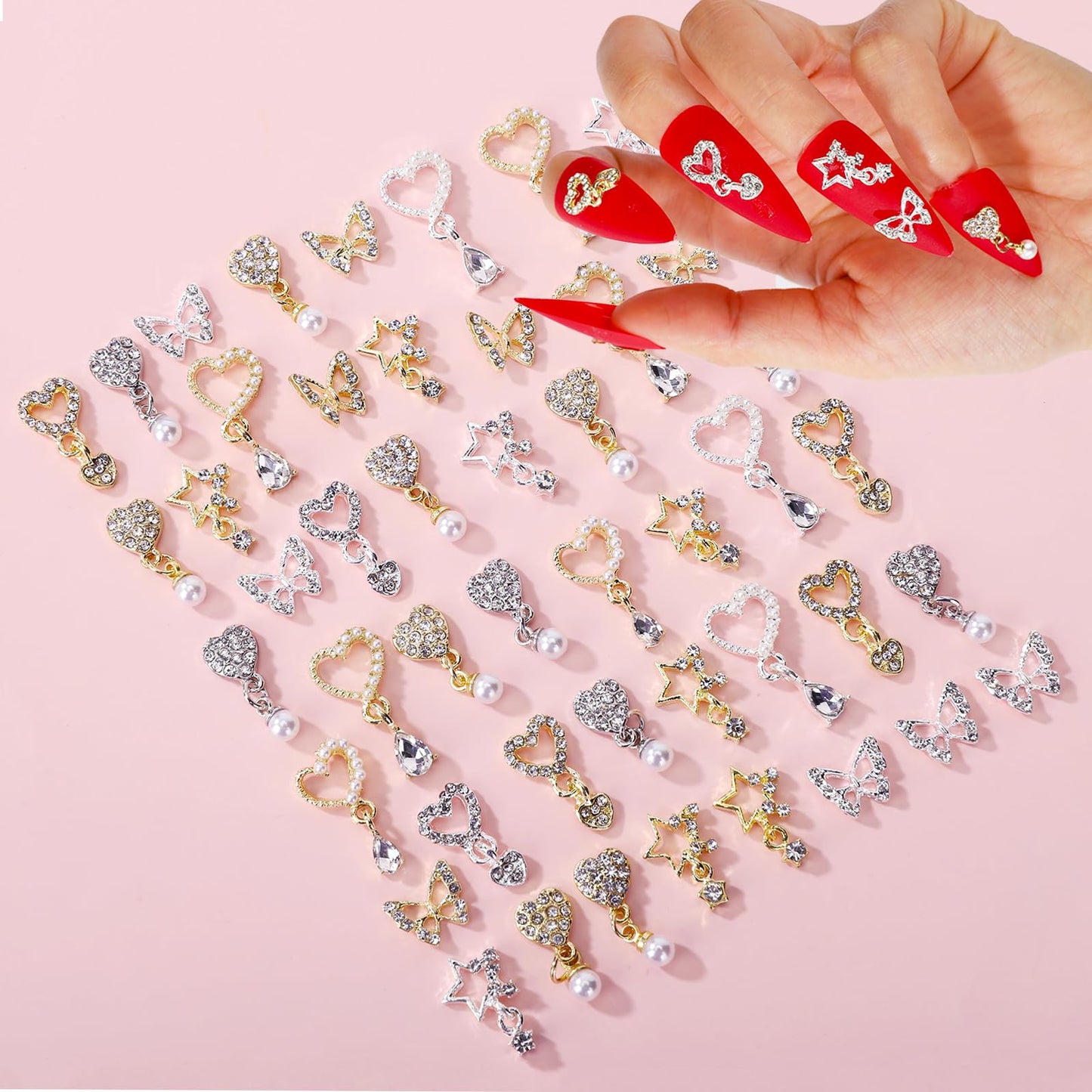 BJRSPGLS 40Pcs Heart Dangle Nail Charms Nail Rhinestones and Gems,Silver Gold Nail Jewels Charms Diamonds Stones for Nail Art,Valentines Love Star Dangling Nail Jewelry for Nails Design Variety