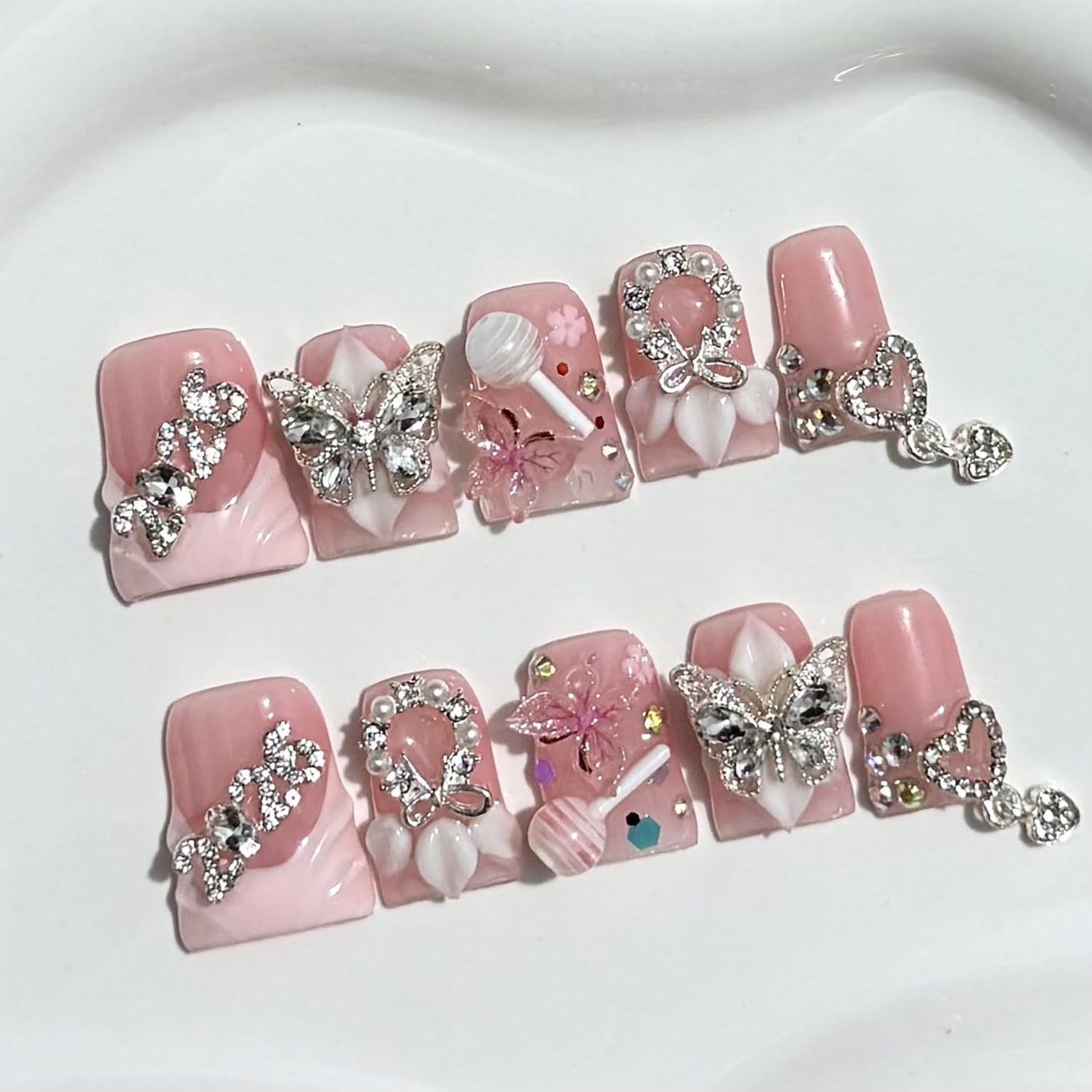 Duck Press on Nails Handmade Acrylic Fake Nails 3D Luxury Butterfly and 2026 Designs Flower Stick on Nails Full Cover Thickened False Nails for Women Nail Art DIY（S)