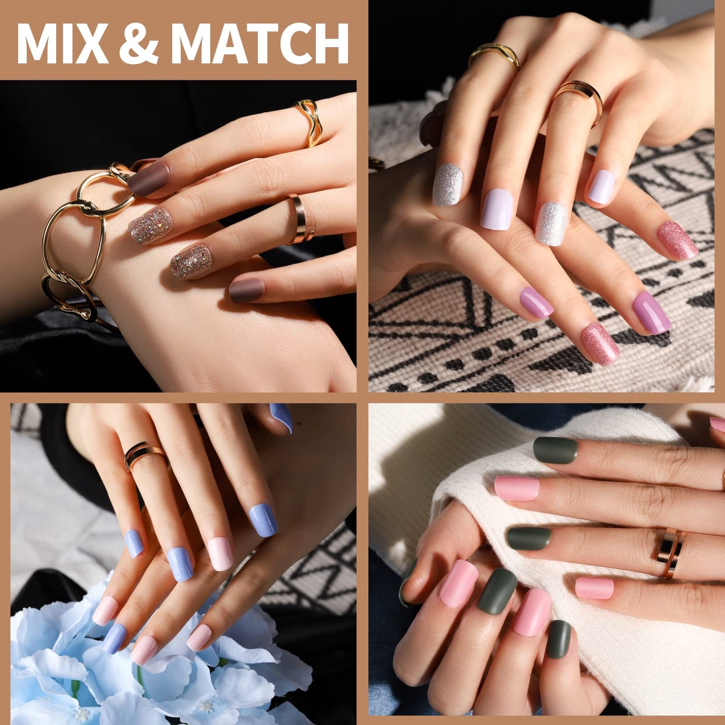 Teenitor 576Pcs Short Square Press On Nails Kit with Matte, Glossy, Glitter, and French Designs