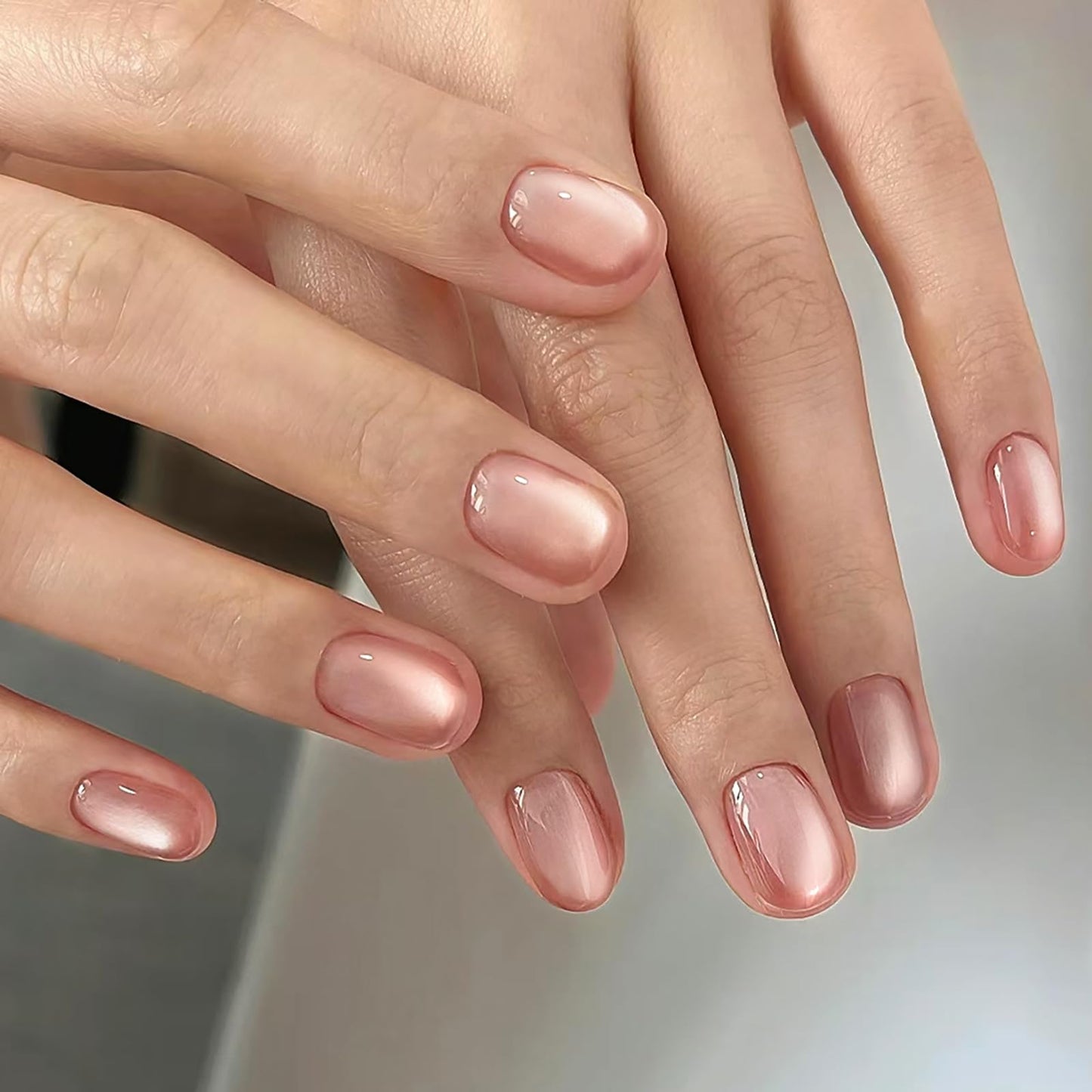 HOSAILY Nude Pink Cat Eye Press on Nails Short Square Fake Nails with Magnetic Shimmer Sparkle Design, 24pcs Glossy Soft Gel Glue on Nail Coffin, Salon Quality Stick on Nails Press Ons for Women