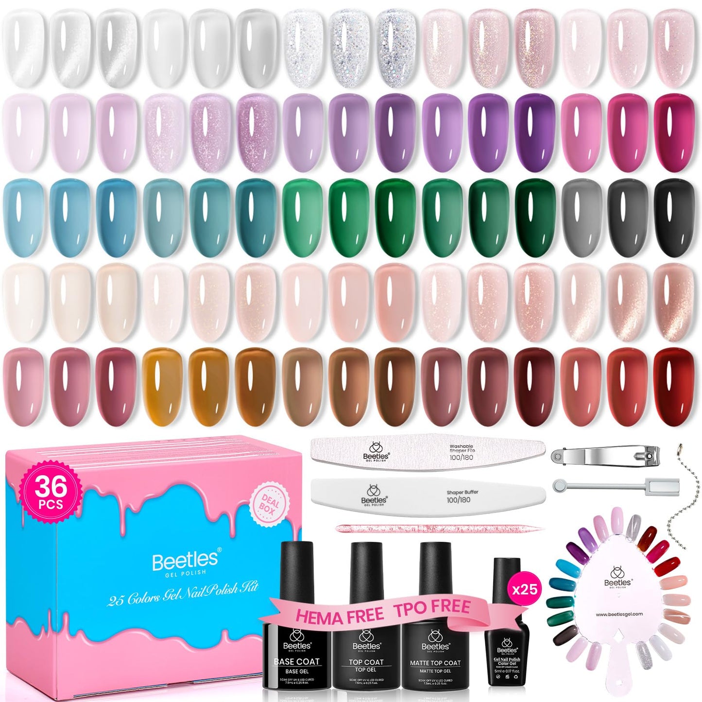 Beetles Milky White Press On Nails Short Squoval, 32pcs 16 Sizes, Soft Gel, Glue and Tabs, HEMA and TPO Free & Jelly Gel Nail Polish Set 25 Colors, 36PCS Kit, TPO HEMA Free Base and Top Coat