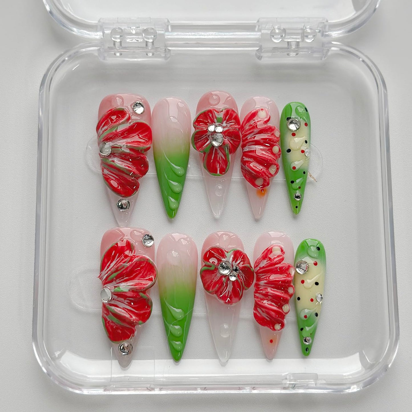 Luxury Press on Nails Long Stiletto Handmade 3D Unique Reusable ABS Material Fake Nails False Nails with Designs Red Floral Rhinestones Glossy Glue on Nail Thick Acrylic Nail(M)