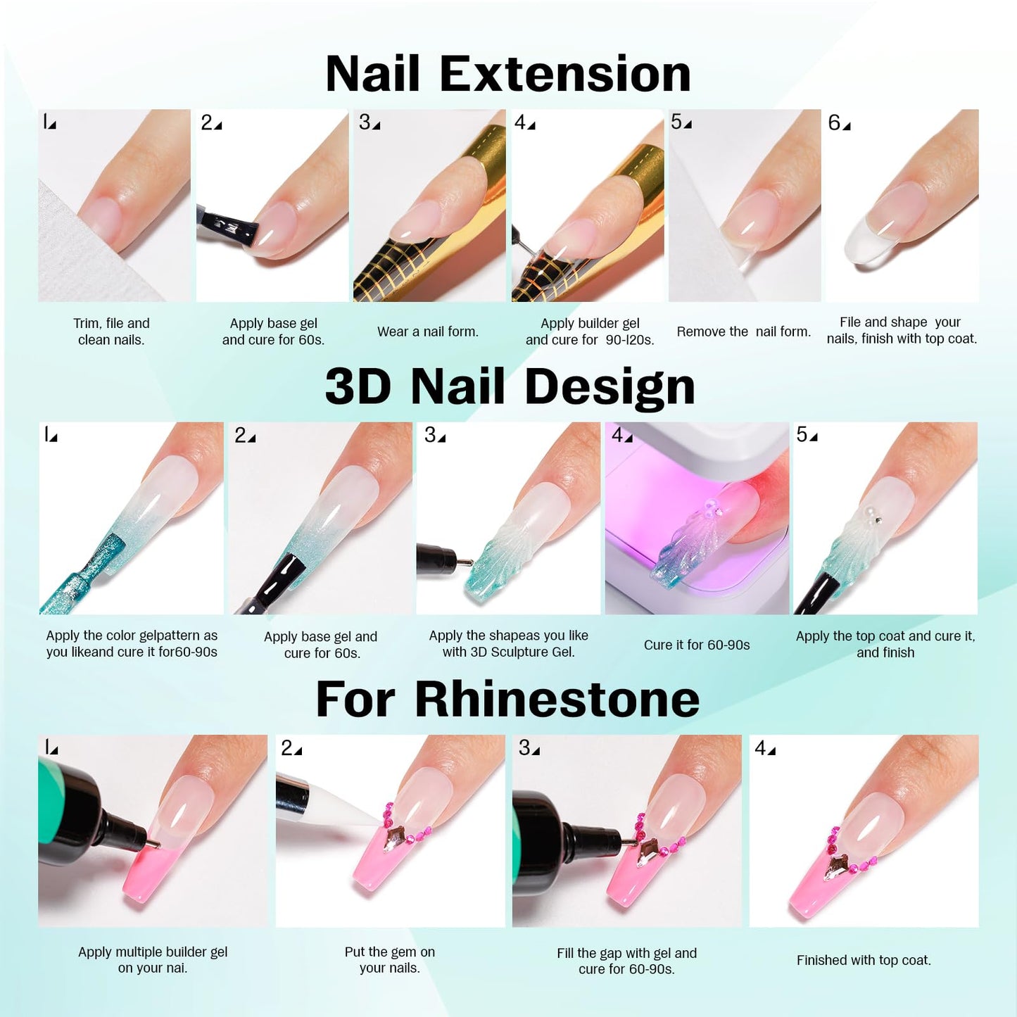 vieafenti 3D Sculpting Builder Gel Nail Art Kit - All In One Formula for Extensions, Sculpture, Designs, Chrome Powder, Rhinestones - Soak Off with UV/LED Lamp for Salon Home DIY