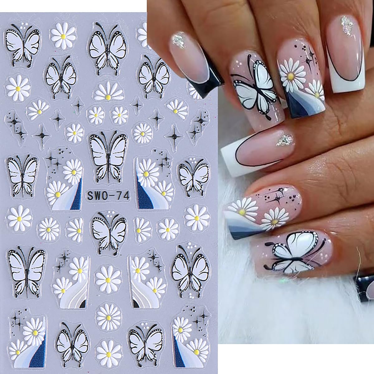 Butterfly Nail Art Stickers Decals 3D Self-Adhesive Nail Decals Design Spring Summer Nail Daisy Flower Butterflies Nail Stickers Supplies for Women DIY Manicure Decoration 2 Sheet