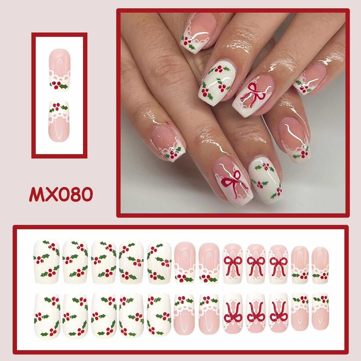 Christmas Press on Nails Short Square Fake Nails with White Red Green French Knot Lace Edge Design False Nails Full Cover Bow Acrylic Nail for Women DIY Manicure Decoration 24 Pcs