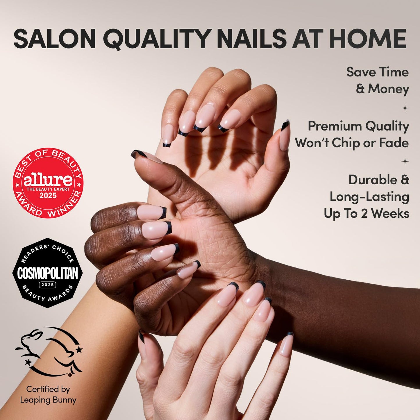Glamnetic Press On Nails - Medium Coffin Fake Nails, Black French Tip Nails, Balsamic Glaze | 15 Sizes - 30 Nail Kit with Glue
