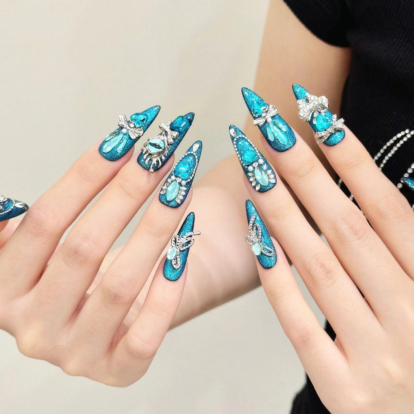 Handmade 3D Blue Green Gem Royal Stiletto Press On Nails, Luxury Rhinestone Artisan Nails Set, Reusable Glossy Press-ons with Tool Kit (M)