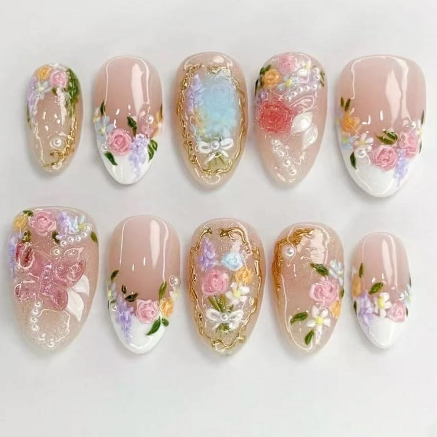 White French Tip Press on Nails Short Oval SWEKKE Fake Nails Floral False Nails with Gold Curve Line Rose Bow Pearls Designs Cute Glossy Glue on Nail Acrylic Nail for Women Girls 24Pcs