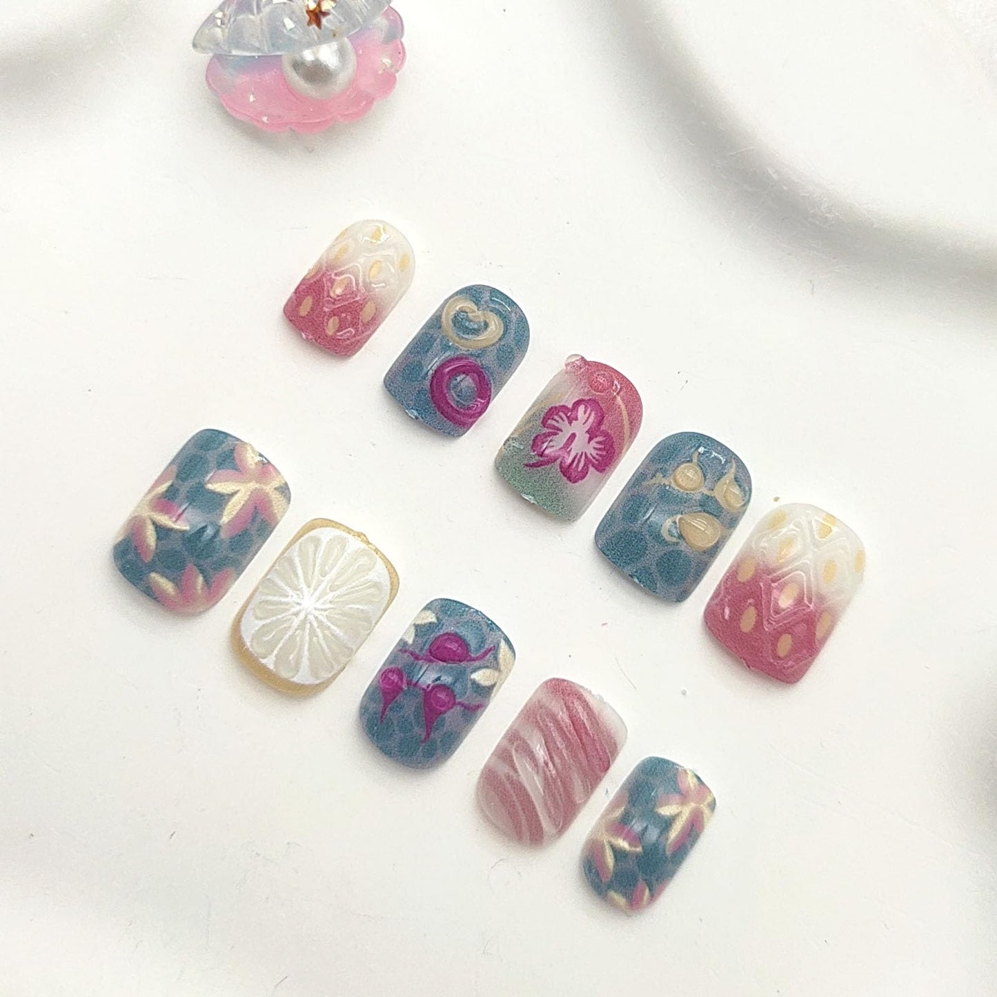 Square Press on Nails Short Fake Nails with 3D Lemon Love Water Drop Flower Designs Nails Press ons Blue Pink Glue on Nails Glossy Acrylic Nails Cute False Nails Summer Stick on Nails for Women 24Pcs