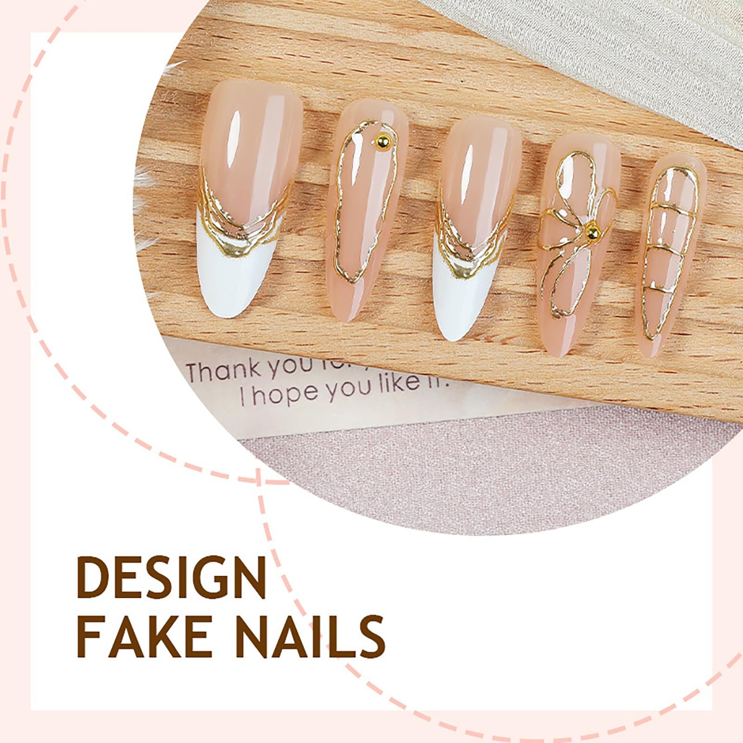 French Long Press on Nails Almond White Tip Fake Nails Gilded Butterfly Stick on Nails Gold-Edged Lines False Nails for Women Manicure Decoration 30Pcs