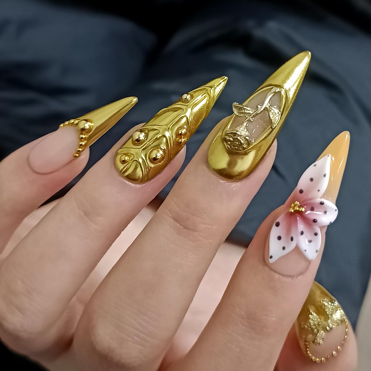 TENPAL Antique Gold French Tips Press on Nails Long Stiletto,Baroque Style Fake Nails with 3D Charms Roses,Cherubs,Bows,Soft Gel Metallic Fake Nails Kit Tools 10pcs,Full Cover Vintage Luxe Nails(S)