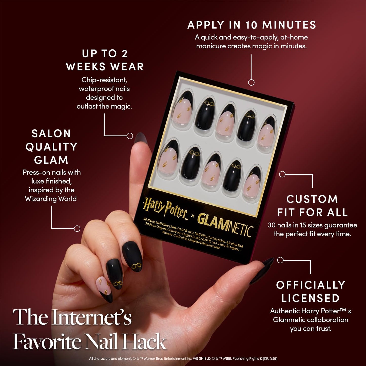 Glamnetic Press On Nails x Harry Potter™ - Harry Potter™ | Short Almond Fake Nails with Black French Tips, Glasses & Hidden Lightning Details, Officially Licensed | 15 Sizes - 30 Nail Kit with Glue