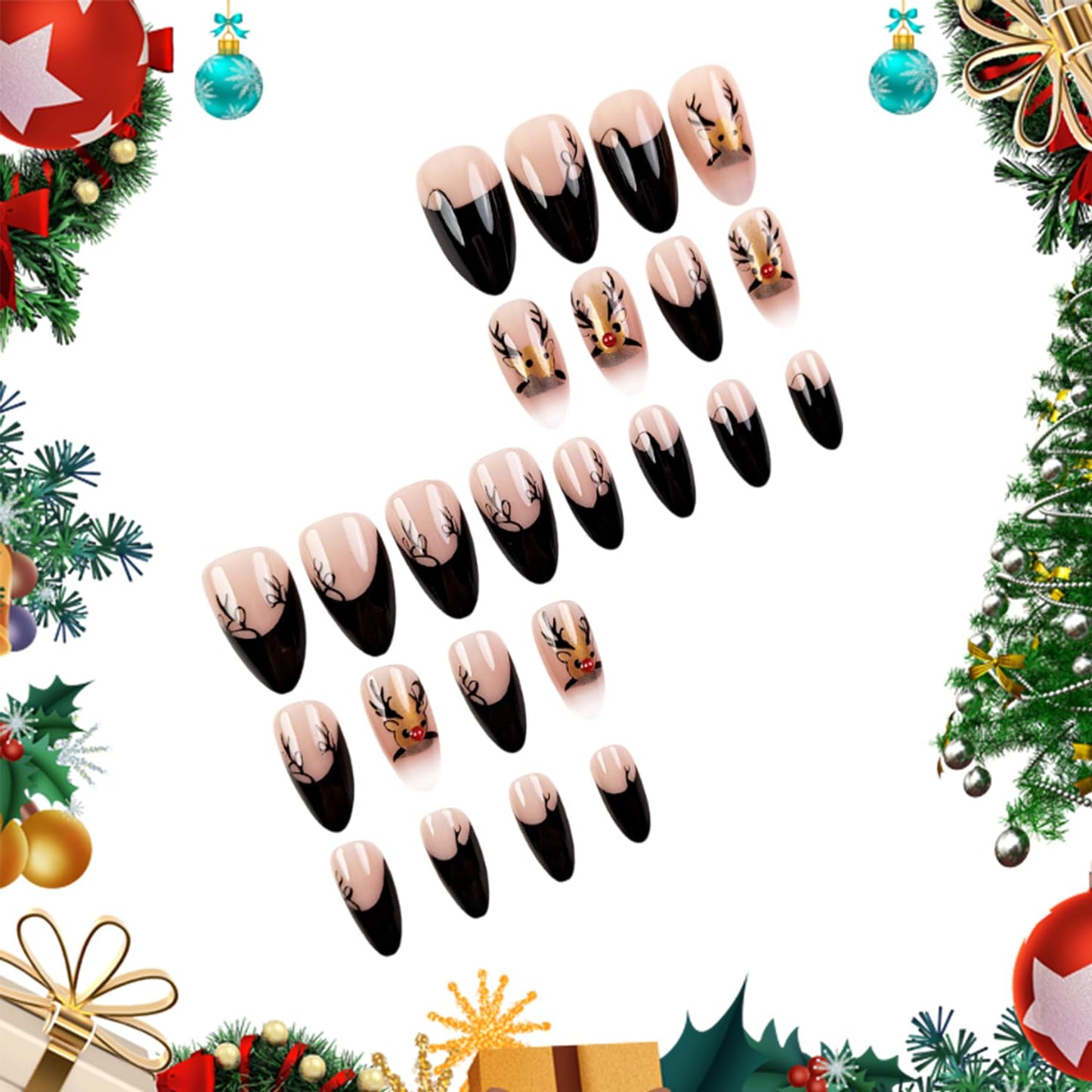 CJDLTS Christmas Press on Nails Short Artificial Almond Acrylic False Nails French Tip Fake Nail Elk with Glitter Design Stick on Nail Winter Full Cover Artificial Fingernails for Women Manicure