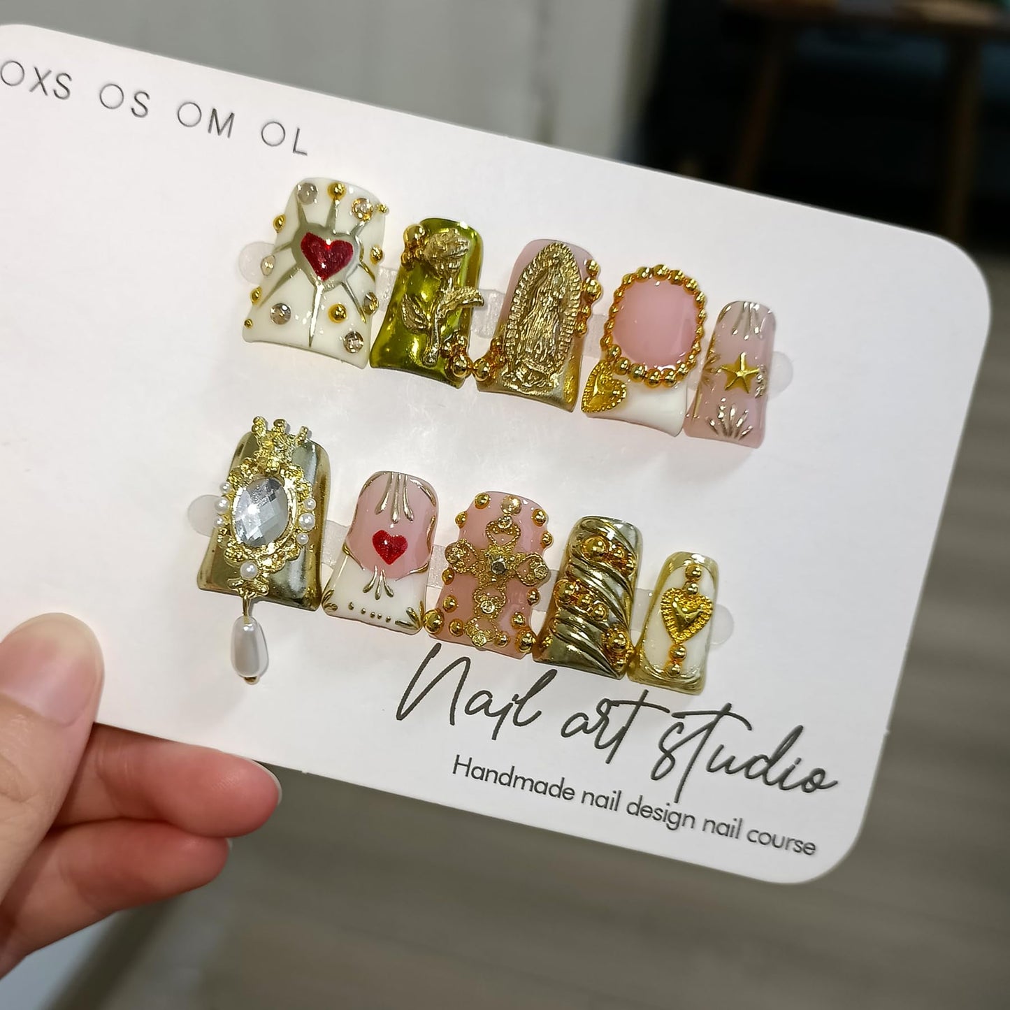 TENPAL 10Pcs Ballerina Press On Nails With Tools,Egyptian Palace Relief Glue on Nails with Gold Cross & Pearls,Handmade 3D Saint Charms Fake Nail Kits, Vintage Epic Acrylic Coffin Duckbill Nails(L)