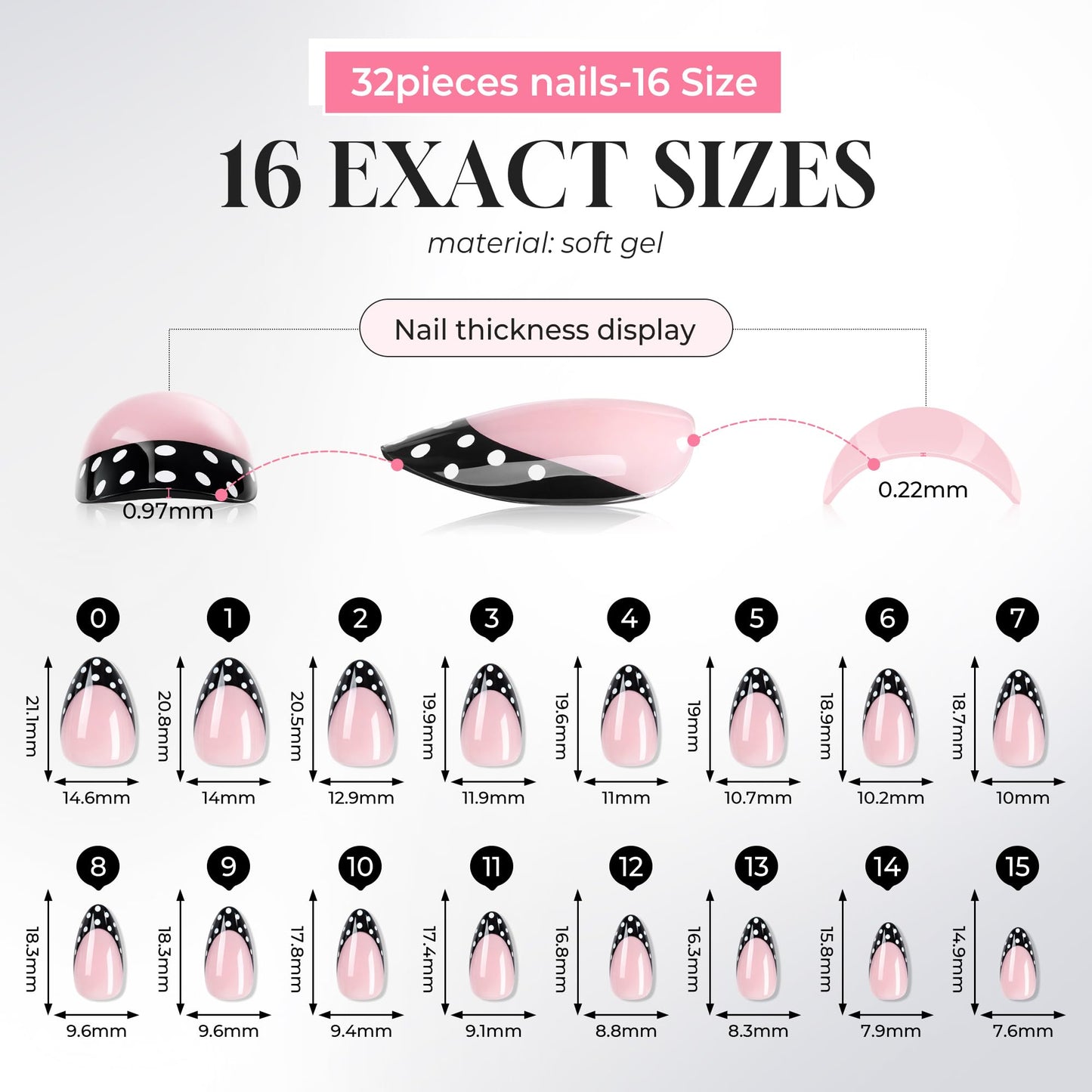 UNA GELLA 32Pcs Soft Gel Press on Nails - 16 Sizes Polka Dot French Tip Almond Glue on Nails, Reusable Nude False Nails with Black Dots, Full Cover Acrylic Nail Kit for Women DIY Home Manicure