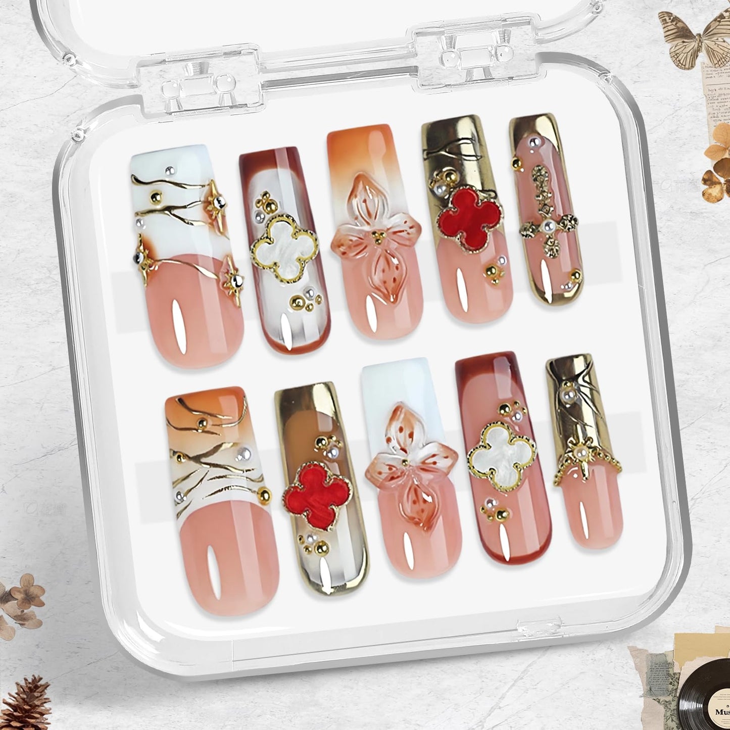 Luxury Soft Pink Press On Nails 10pcs, Handmade Acrylic Square Tips with 3D Floral Art, Gold Mirror Motif & Pearl Details, Elegant Ombre Design for Weddings, Parties & Daily Wear – Appife