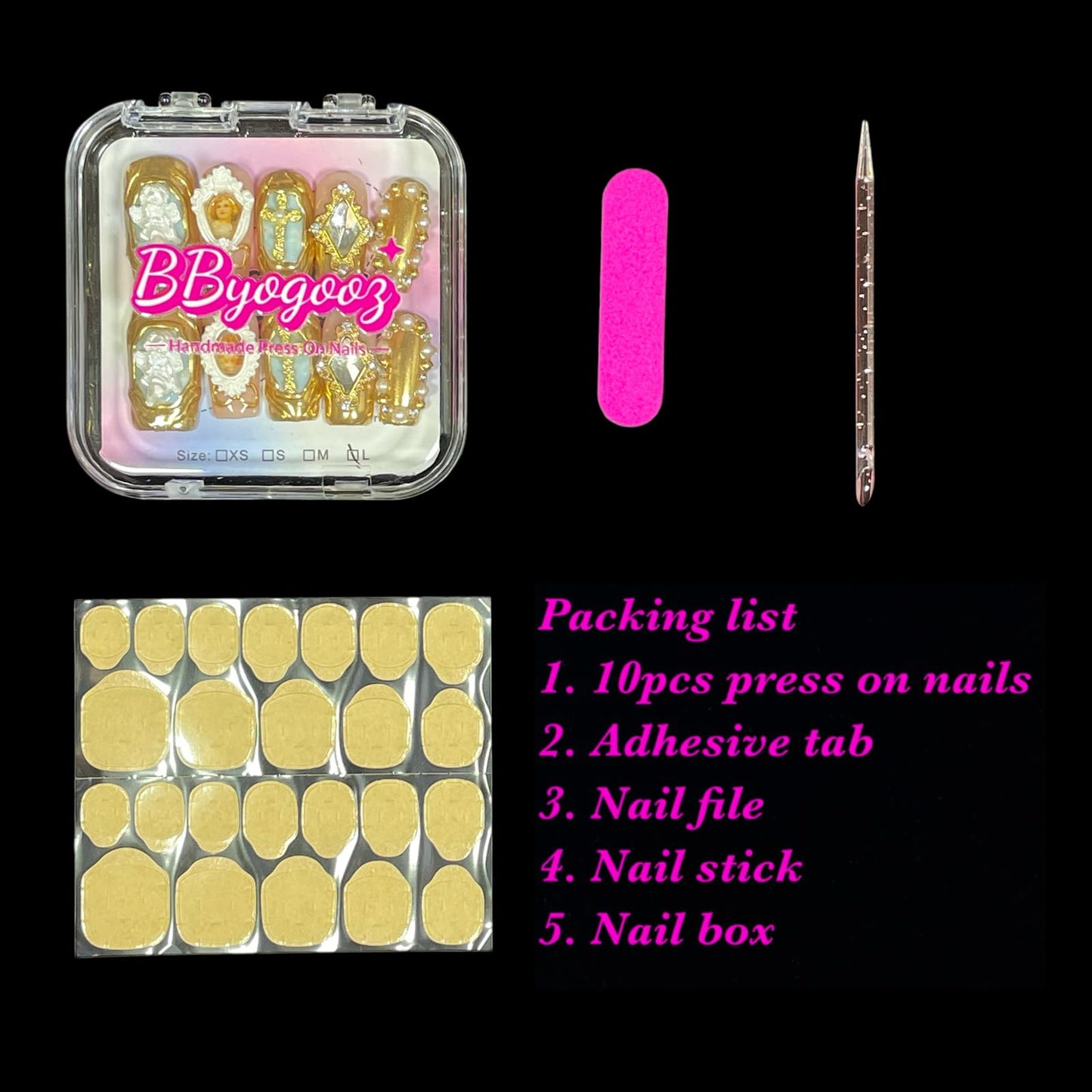 Handmade Press On Nails Luxury Baroque Gold Cross, Cherubs & Pearl Frames | Medium/Short Square | Reusable Thick Acrylic False Nails (Baroque, S)
