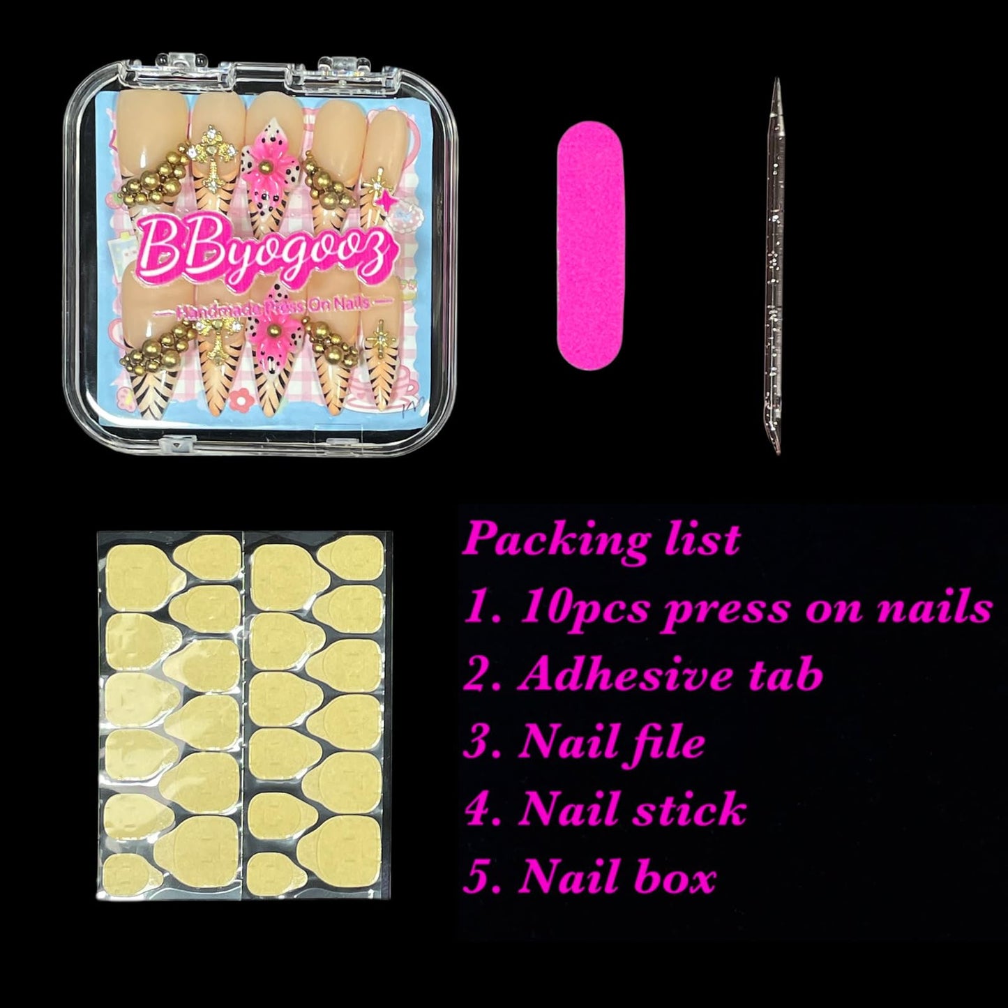 Luxury Handmade Press On Nails, Nude Pink Stiletto Tips with Gold Chains, 3D Flowers, Tiger Stripes, Reusable Acrylic False Nails (Tiger Luxe, M)