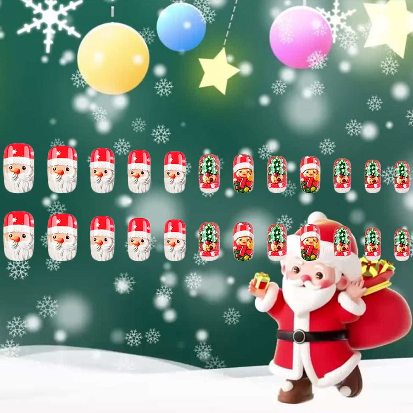 Christmas Medium Square False Nails Glossy Red Christmas Hat Acrylic Fake Nail Cartoon Santa Claus Press on Nails 24Pcs Xmas Tree Stick on Fingernails Snow Gel Glue on Nail for Women Xmas Gift