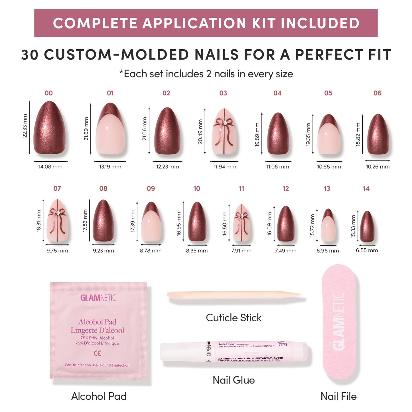 Glamnetic Press On Nails - She's A Gift | Short Almond Fake Nails in Burgundy Chrome with French Tips and Ribbon Designs with 3D Gems, Salon Quality | 15 Sizes - 30 Nail Kit with Glue