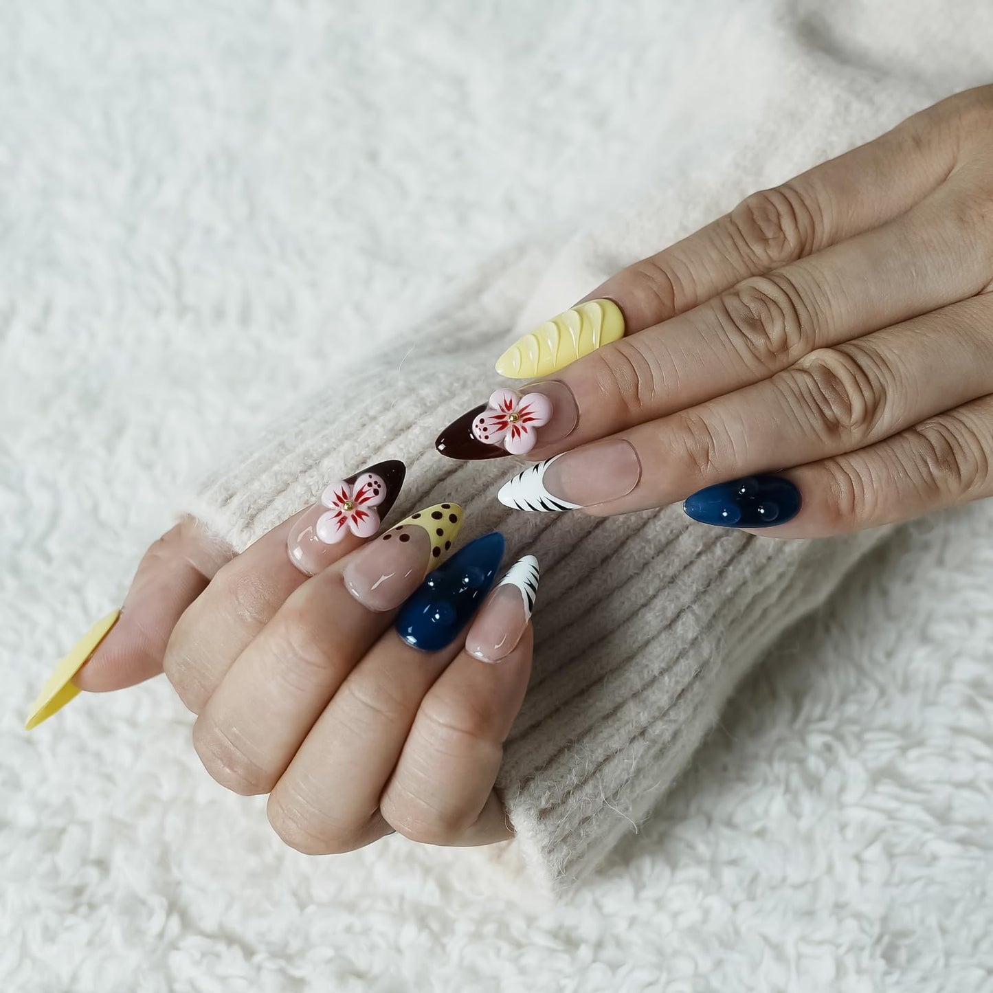 Tesytto Medium Almond Press on Nails – 3D Flower & Water Drop, Yellow French Tip Blue False Nails, Tropical Hawaiian Polka Dot Style Stick on Nails (Big Island-A,S)