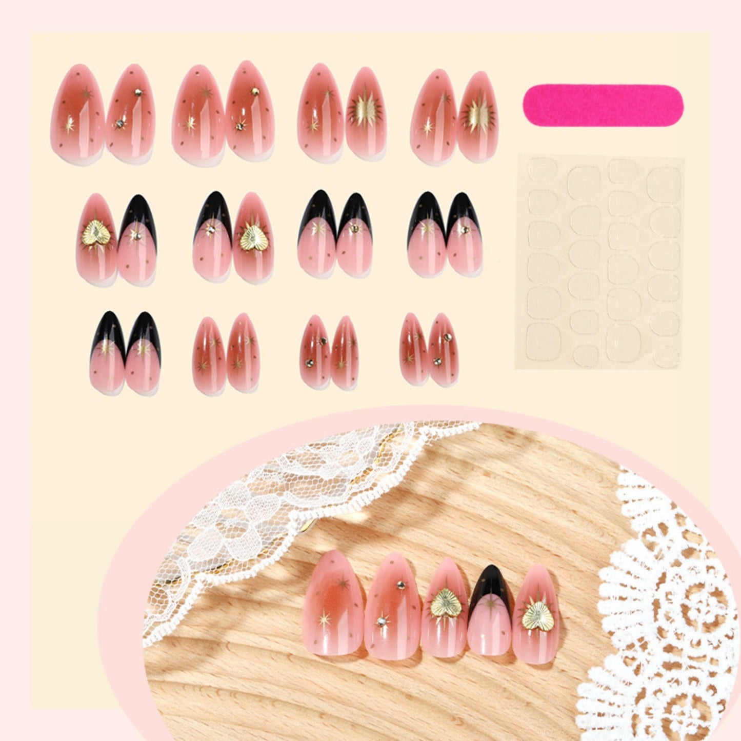 SEENEEY Almond Press on Nails Long Fake Nails Black Artificial Nail Gold Charm Designs Stick on Nail for Women 24pcs