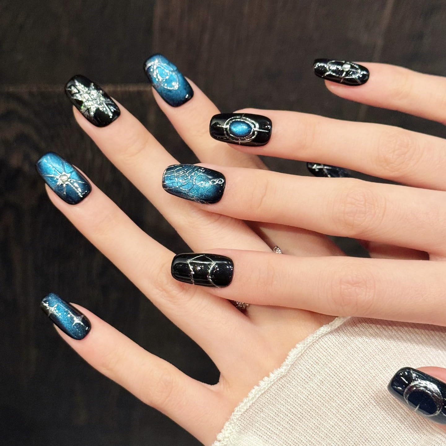 Yacey Blue Galaxy Handmade Press on Nails, Medium Square Reusable False Nails Press Ons, Luxury Hand-Painted Cat Eyes Thick Acrylic Fake Nails, 3D Bling Glue on Nails for Women Girls (10 Pcs, M)