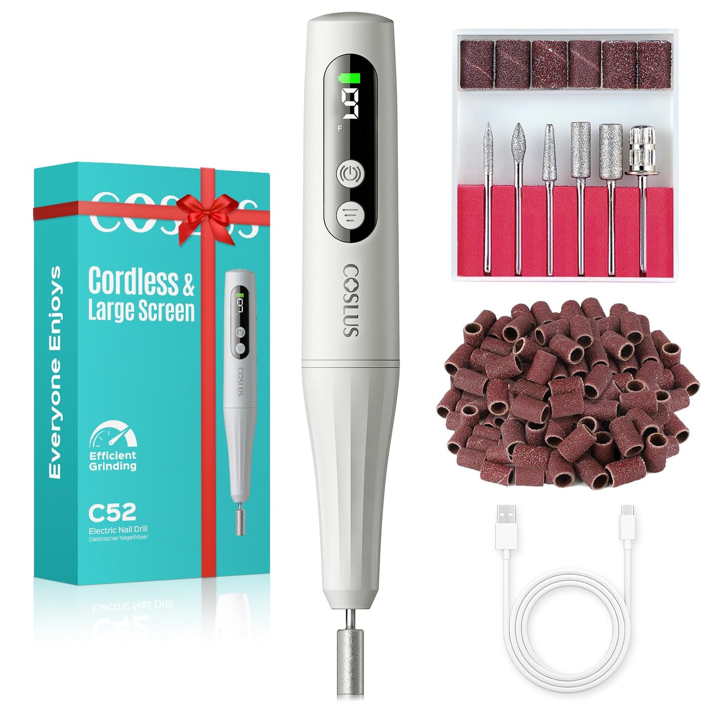 COSLUS C52 Electric Cordless Nail Drill: Professional Nail File kit with LED Screen for Acrylic Gel Powder. Portable for Home DIY & Salon Use. Manicure Pedicure for Beginners, Women, Travel, Gray