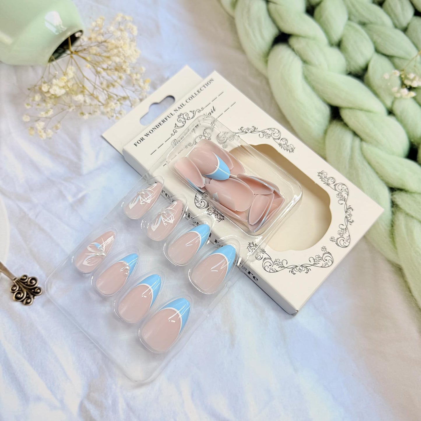 Blue French Press on Nails Medium Almond Fake Nails with Designs Cute Flower Stick on Nail Spring Summer Acrylic False Nail Pearl Artificial Nail Glossy Full Cover Glue on Nails for Women