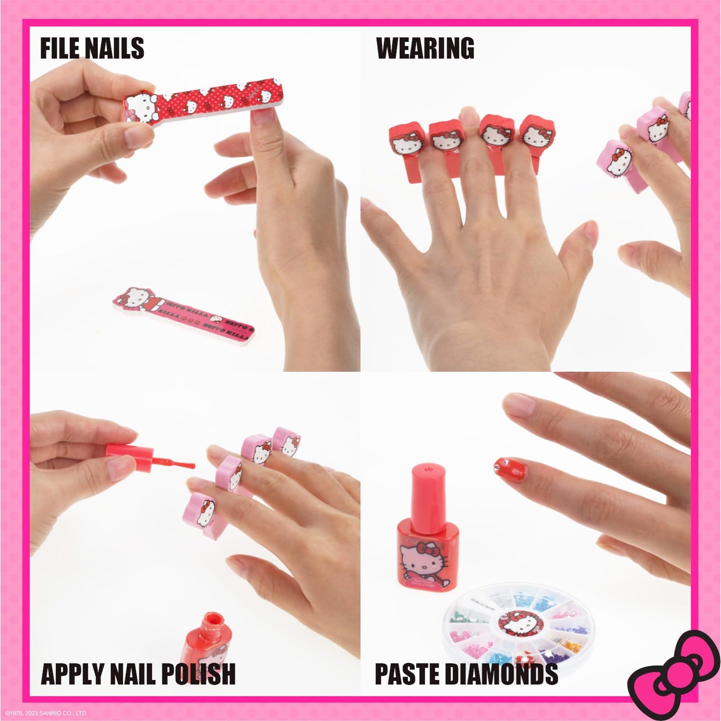 Hello Kitty Water-Based Nail Polish Set, Peel-Off Set with Glittery & Opaque Colors and Nail Accessories for Girls Kids, Perfect for Dress Up, Parties & Makeovers Ages 3+ by Townley Girl