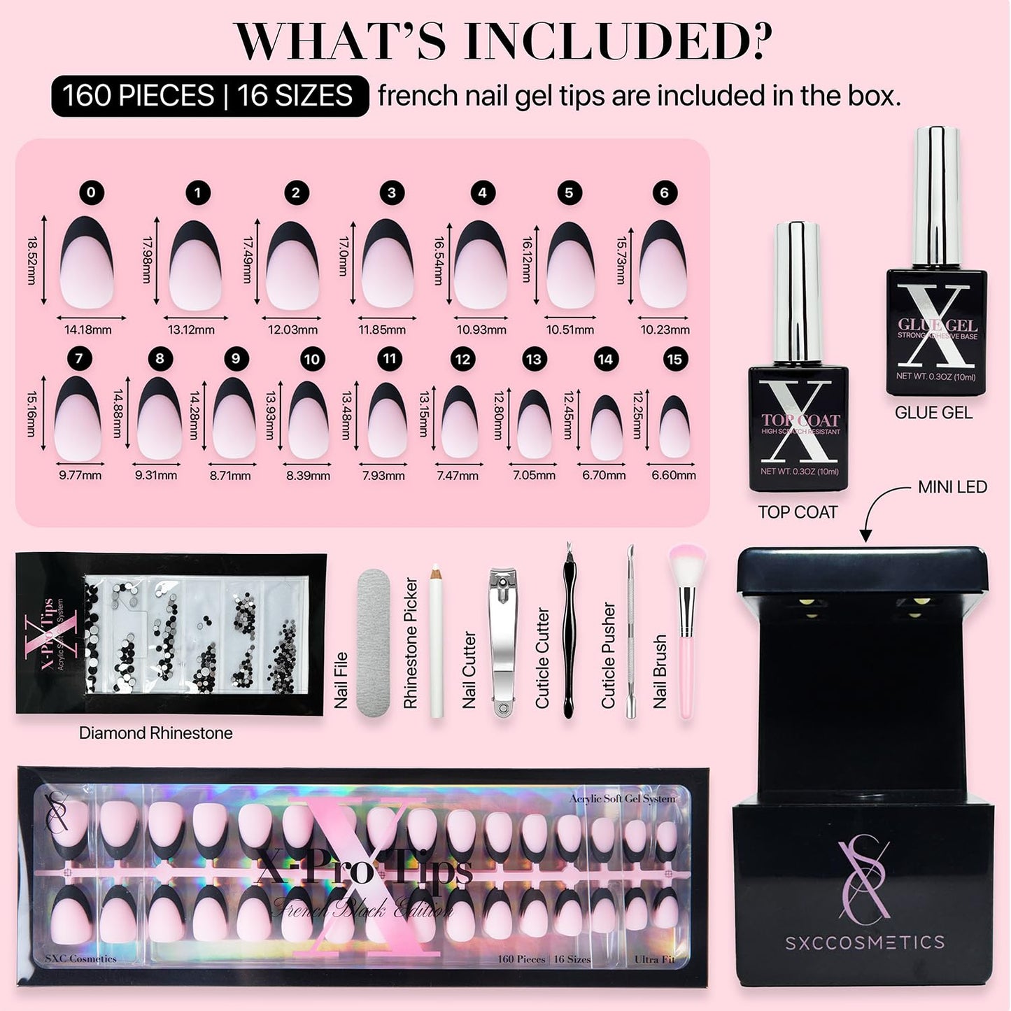 SXC Cosmetics French Tip Press On Nails – Black Series, Short Almond, X-Pro Tips Starter Kit | 160PCS, 16 Sizes, 5 Styles, Beginner-Friendly