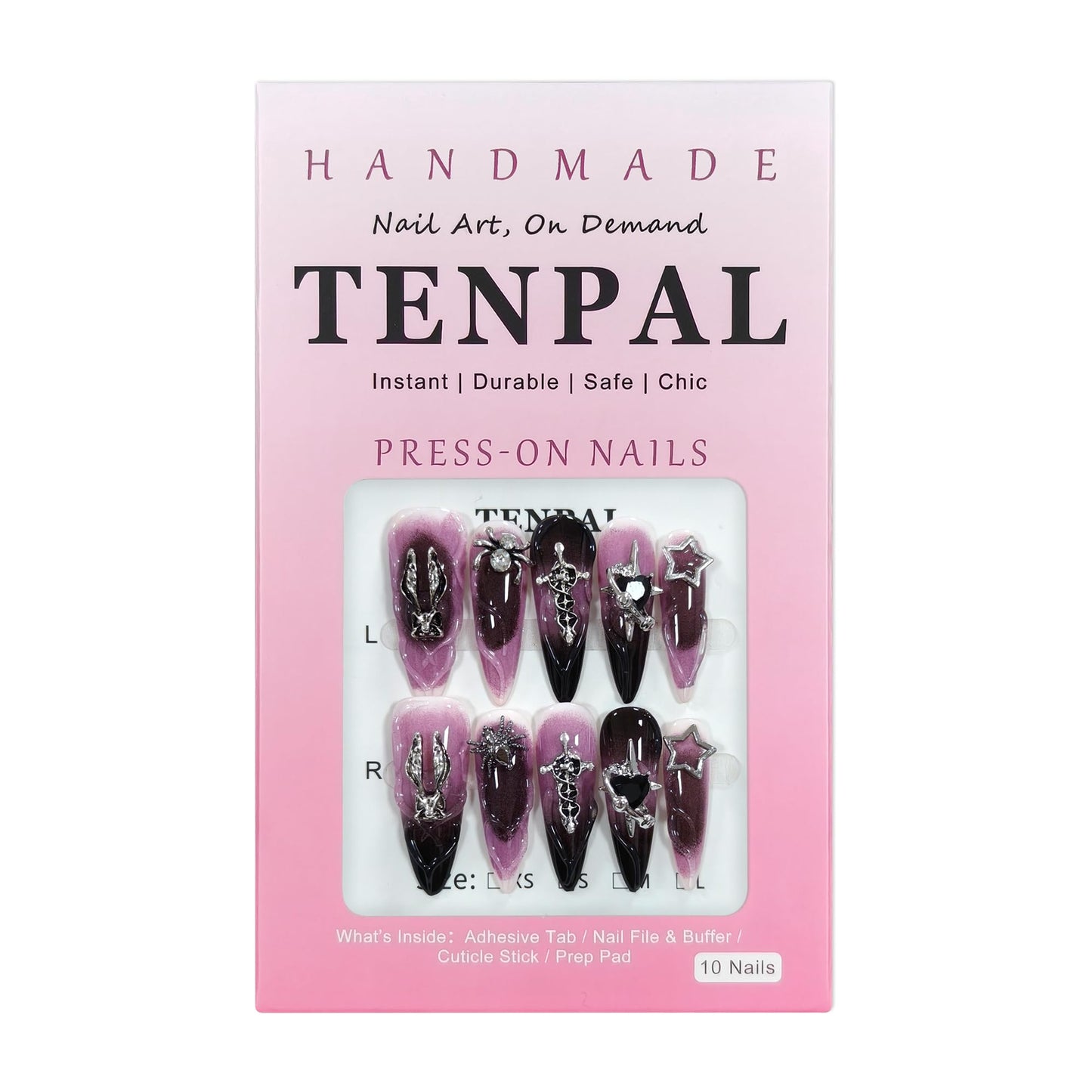 TENPAL 10Pcs Handmade Press On Nails Long Stiletto,Gothic Pink & Black Swirl Fake Nails with 3D Cross Spider Star Charms,Glossy Y2K Punk Glam Halloween Nails,Edgy Kawaii Nails for Parties Cosplay(S)