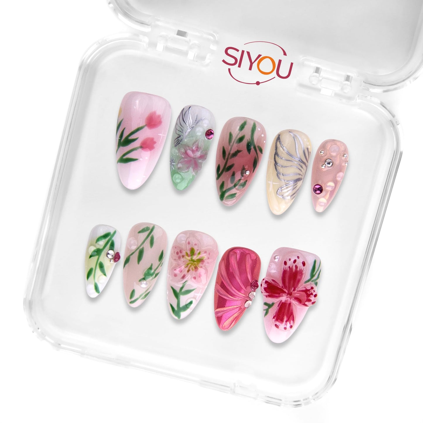 SIYOU Beauty | Radiant Garden | Pink and Green Floral Short Almond Press On Nails for Women (Small) - Reusable, Salon-Quality Fake Nails (10pc)