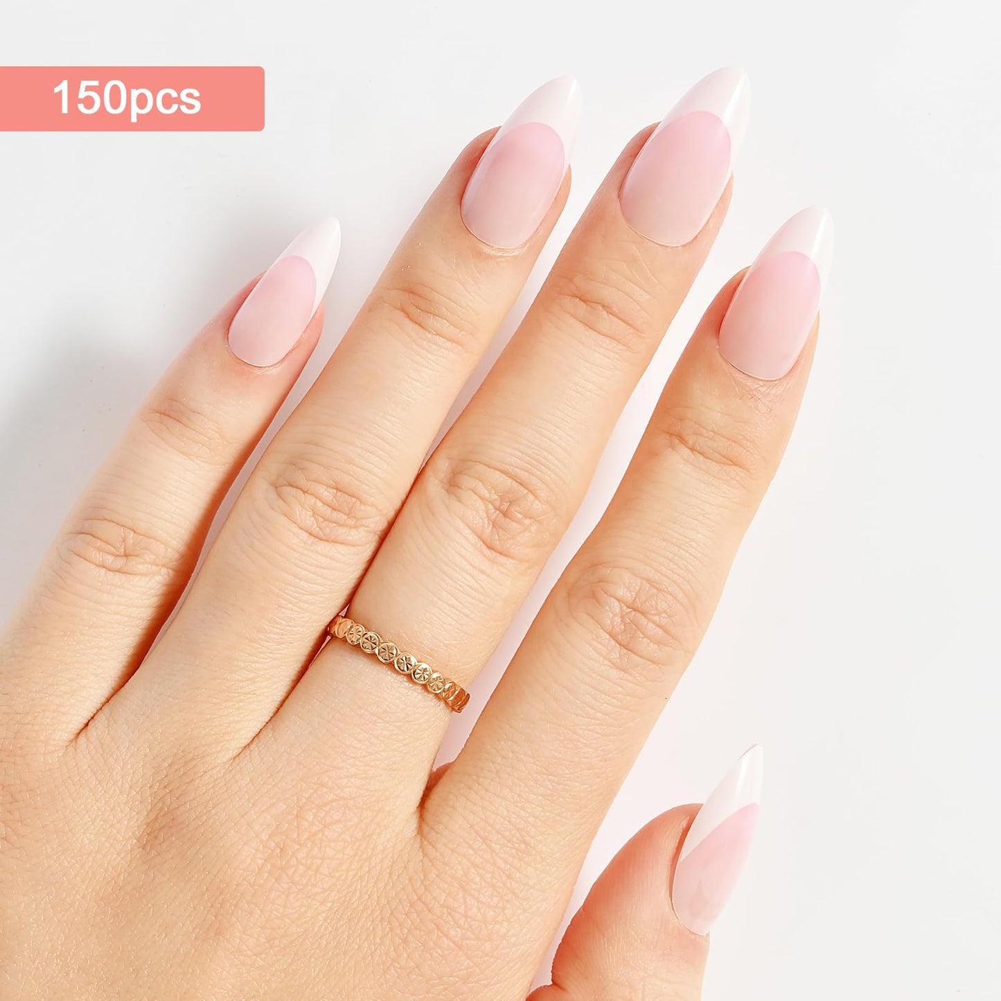 Jellyqueen White French Tips 150 Pcs Pink Medium Almond Press On Nails Fake Nails，Soft Gel Nail False Nails Art DIY 15 Sizes Gifts For Women(A18-02-09)