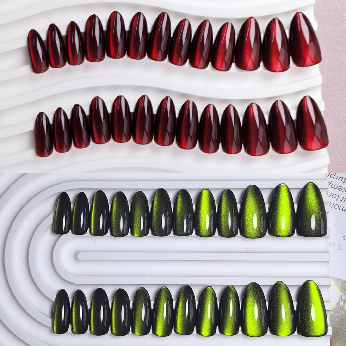 KQueenest 4 Packs Gel Press On Nails Almond, Cat Eye Press On Nails Medium Stiletto, Dark Fake Nails Press Ons Chrome Black, Glitter Glue on Nails for Women Party Prom, 96 Pcs Gift Kit