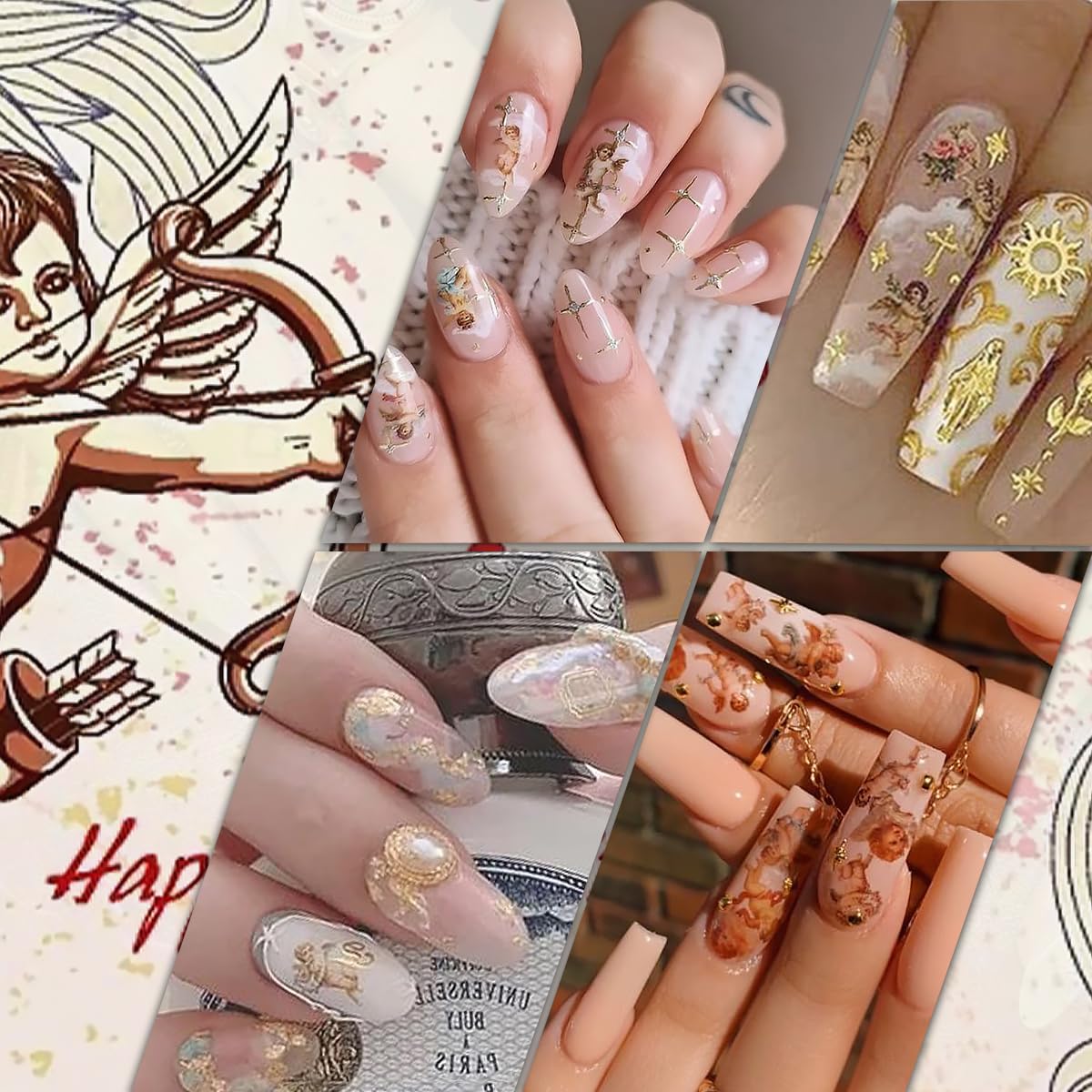 8 Sheets Angel Nail Art Stickers 3D Self-Adhesive Cupid Nail Decals Rose Flower Heart Wings Design Love Charms for Women Girls Acrylic Manicure Salon Decoration Kits