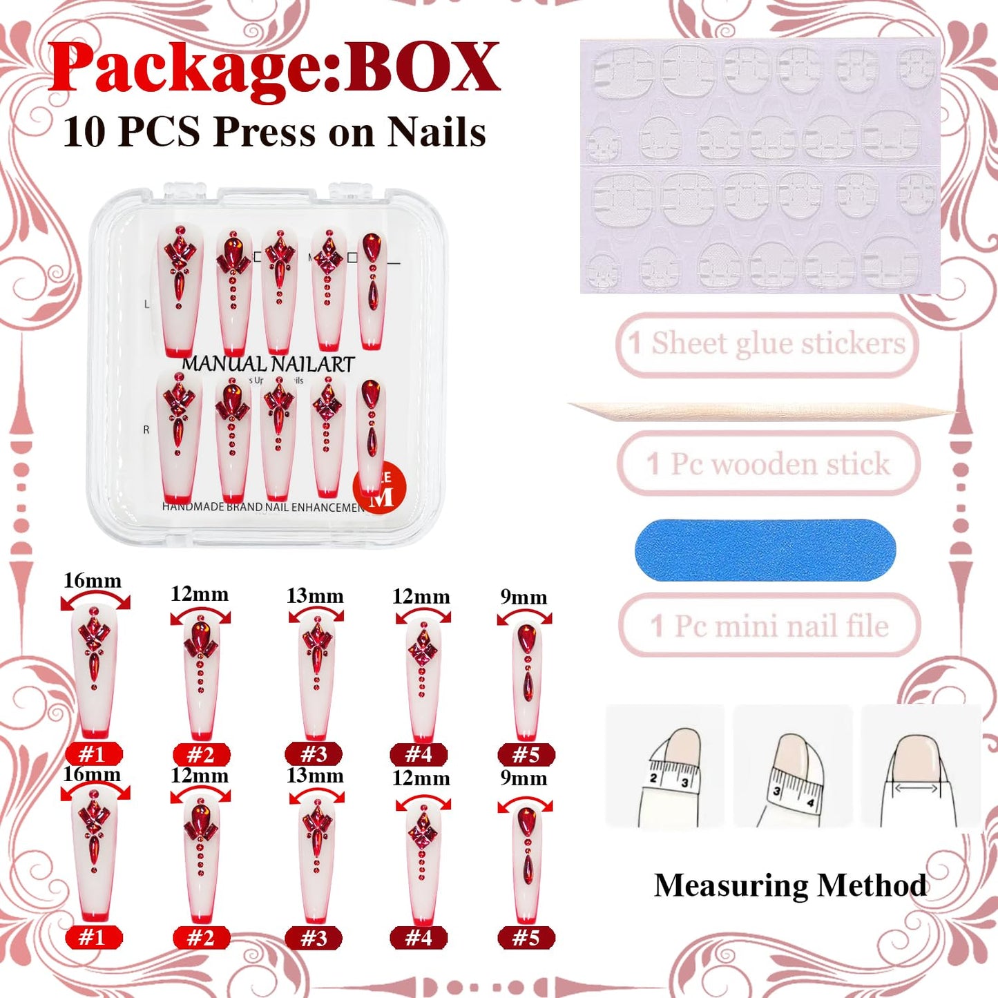 GREENTEA Handmade Nail Chinese Style Extra Long Press-On Nails, Red French Tips with Crystal Rhinestone Design, 10 Pieces,Size-M