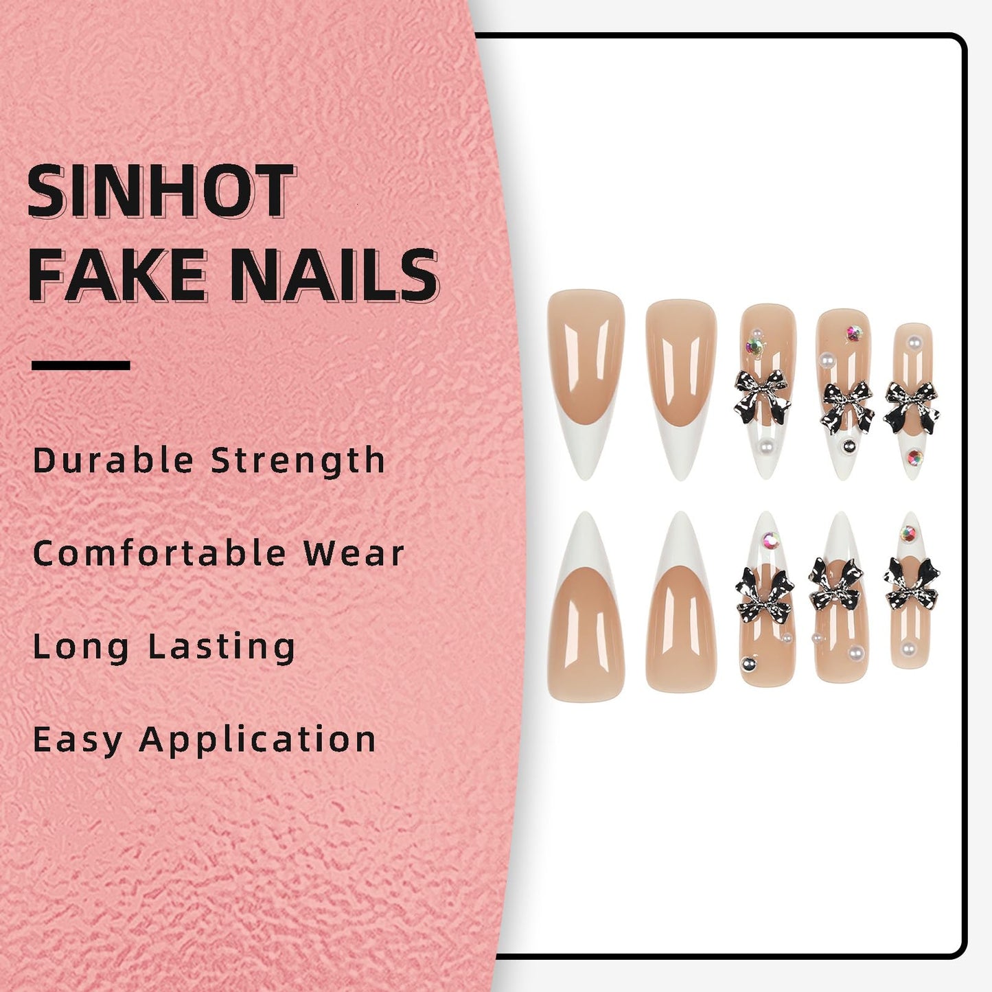SINHOT Stiletto Press on Nails Long Fake Nails Glossy Glue on Nails 3D Silver Bowknot Acrylic Nail White French Tip Almond Artificial Nail Rhinestones False Nail with Design 24 pcs