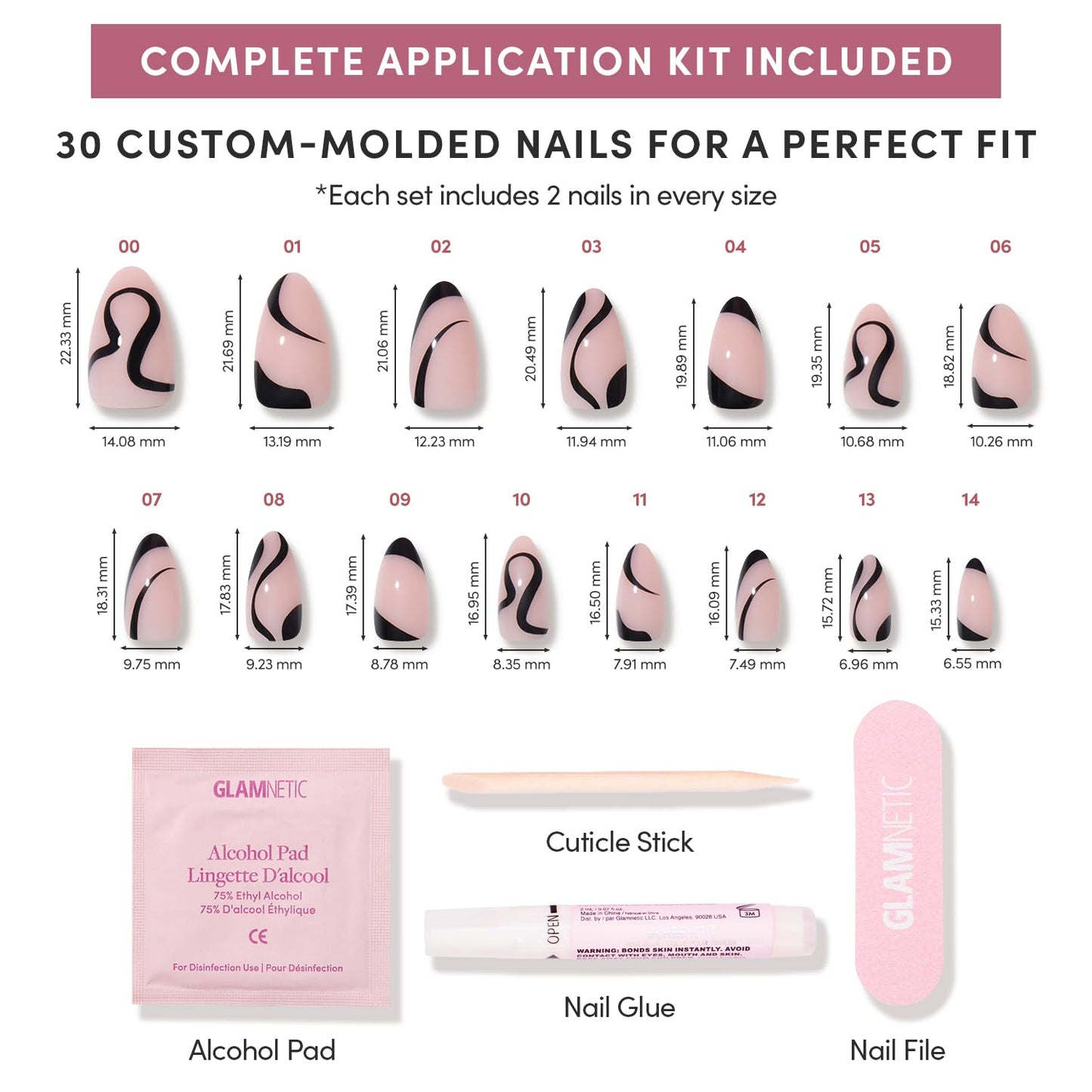 Glamnetic Press On Nails - Ink Wave | Short Almond Fake Nails with a Sheer Base, Black Swirl Designs in a Glossy Finish, Salon Quality | 15 Sizes - 30 Nail Kit with Glue
