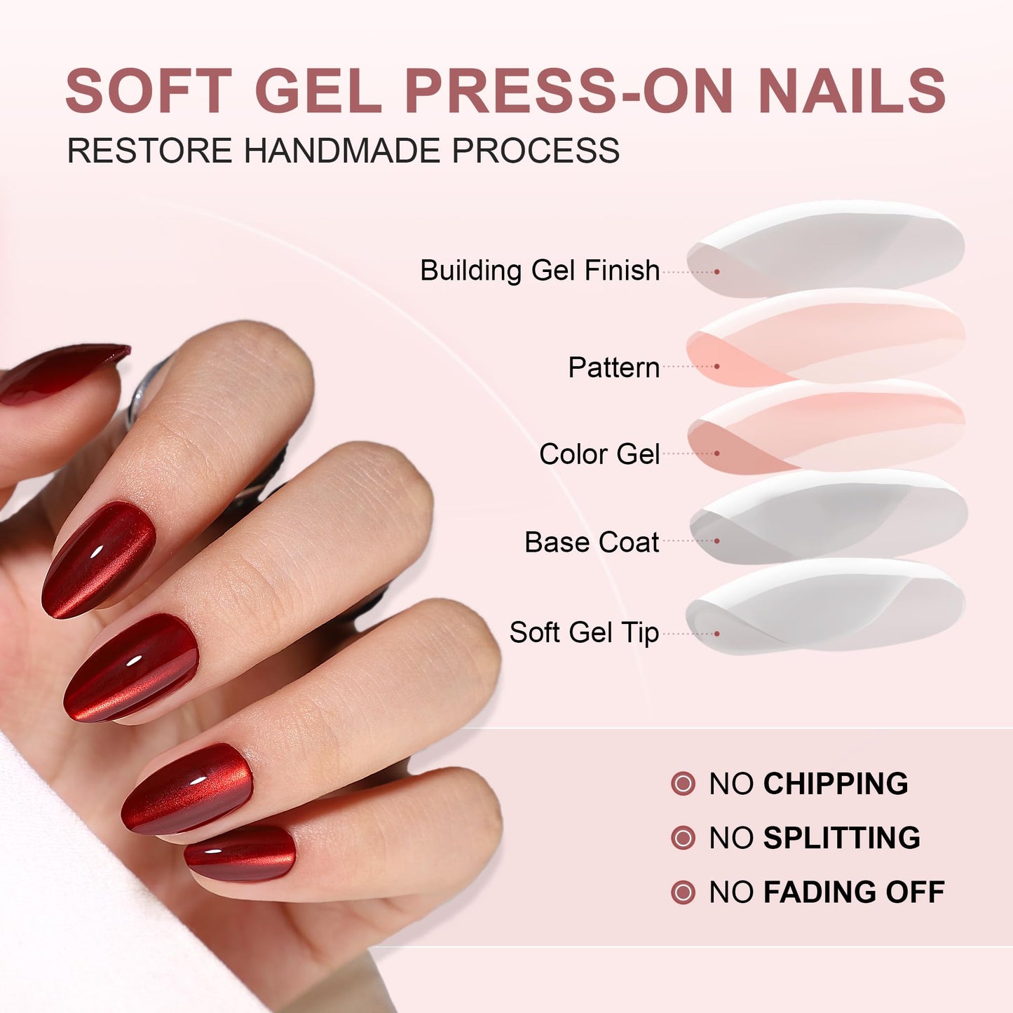 Hrnsnails Almond Shaped Press On Nails, Glue On Nails Short Red Fake Nails with Cat Eye Press On Nails Designs, Acrylic Nails Press On Gel False Nails, Artificial Nails Stick On Nails for Women