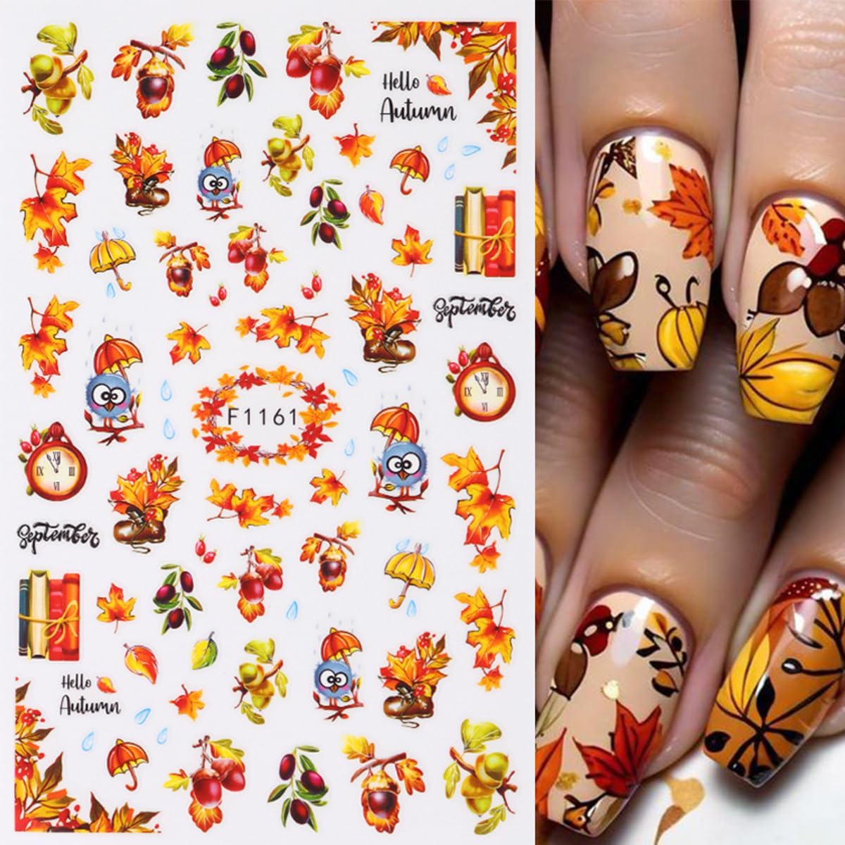 6 Sheets Fall Nail Stickers for Nail Art Thanksgiving Maple Leaf Nail Art Stickers Decals Autumn Pumpkins Mushroom Nails Decorations 3D Self-Adhesive Maple Leaves Nails Design Stickers for Women Decor