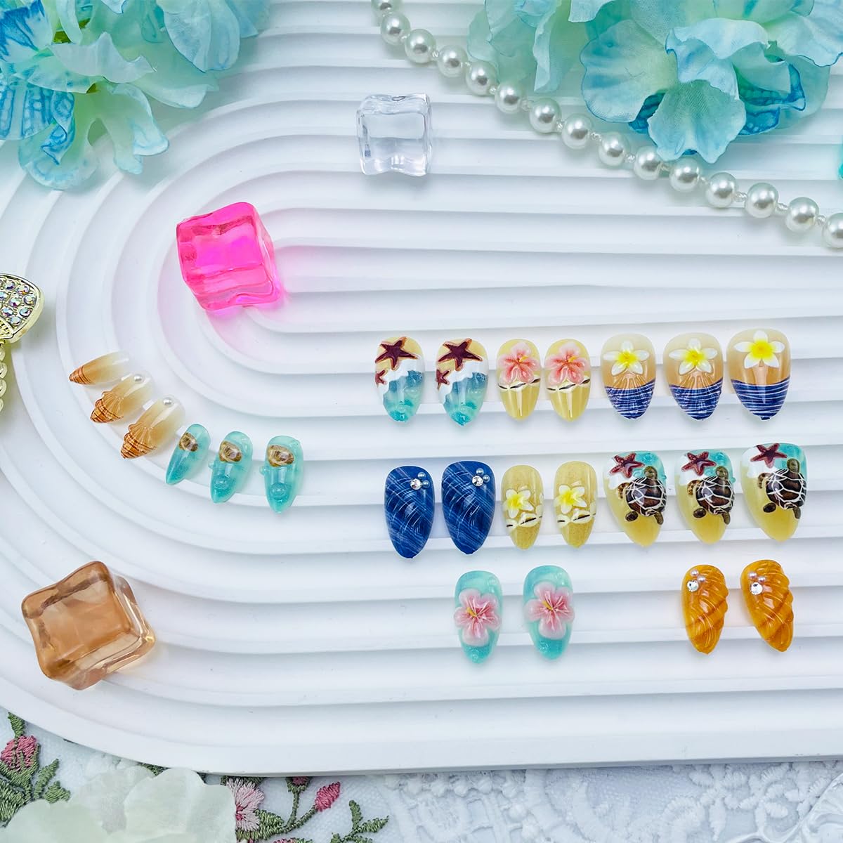 Summer Beach Press on Nails Short Almond 24Pcs Floral False Nails with 3D Ocean Seashell Turtle Starfish Design Cute Fake Nails Blue Sea Acrylic Nails Full Cover Glue on Nail for Women Spring Nail DIY