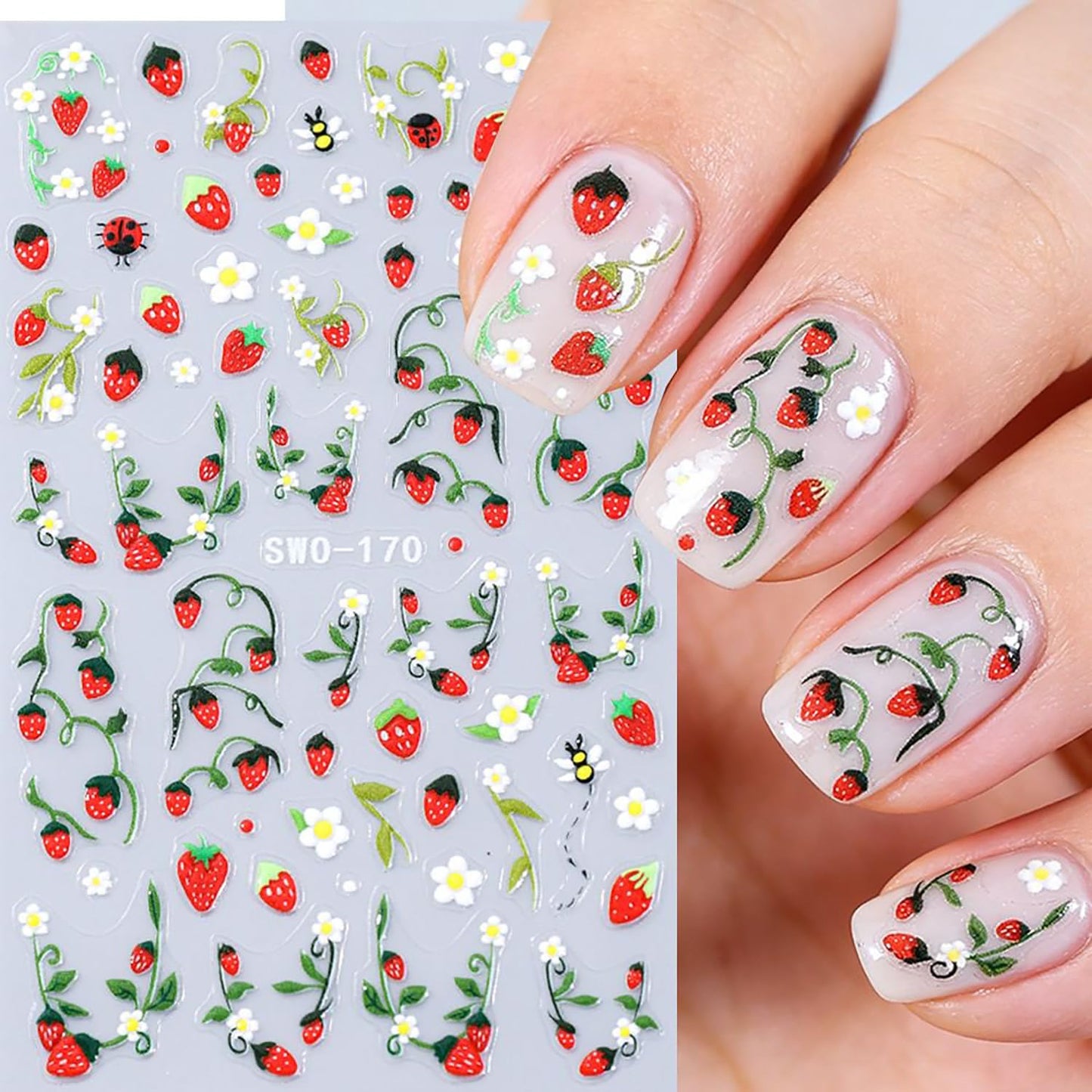 CJDLTS 2 Sheets Strawberry Flower Nail Art Stickers 3D Self -Adhesive Cute Strawberry White Floral Nail Decals Holographic Spring Nails Stickers for Women Summer Acrylic Nails Decoration Supplies