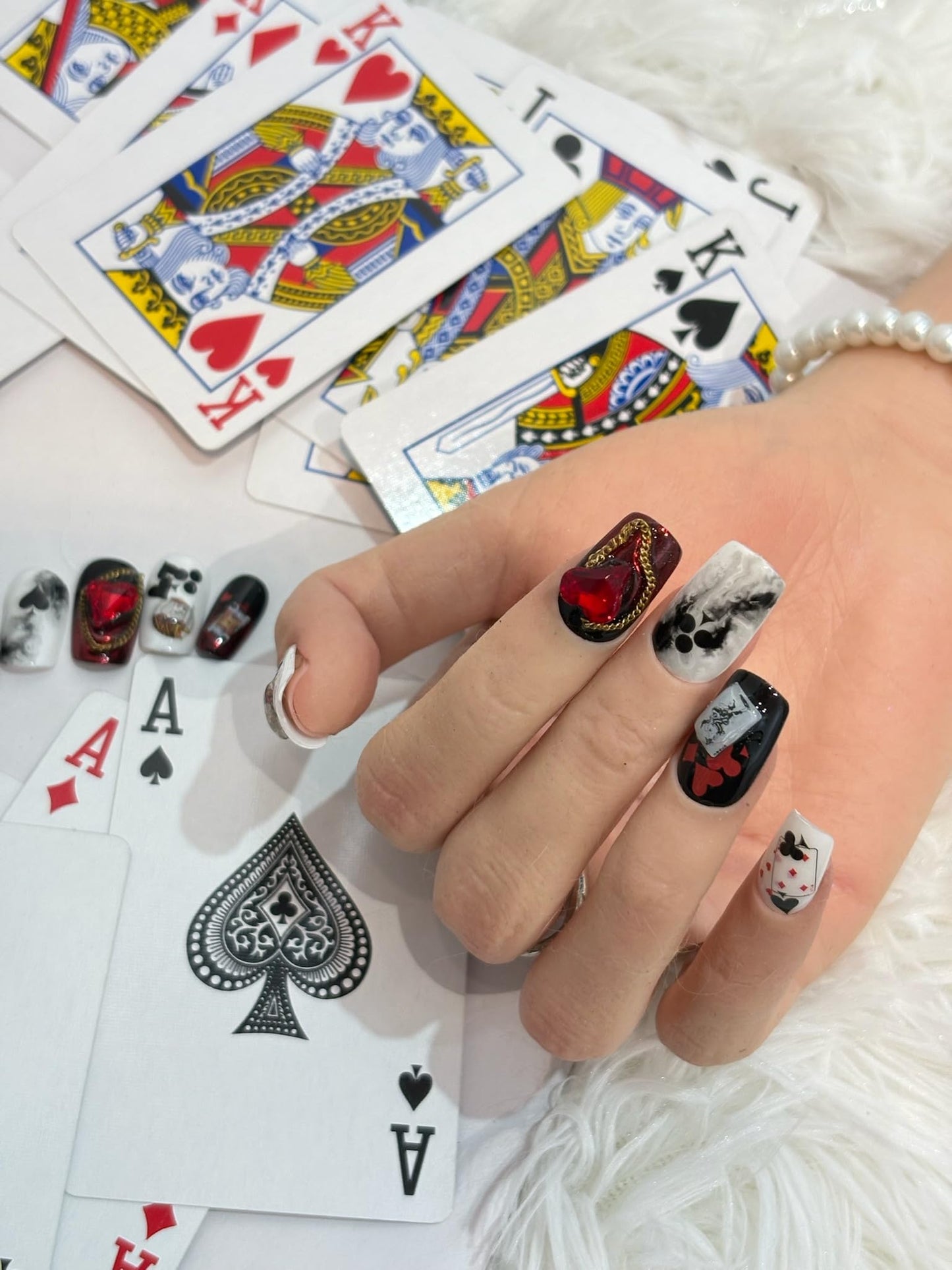 SIMAYKUWA 3D Self-Adhesive Nail Stickers - Poker Theme with Hearts & Diamonds, Trendy Fashion Nail Art Designs for Women A Set of 2 Sheets