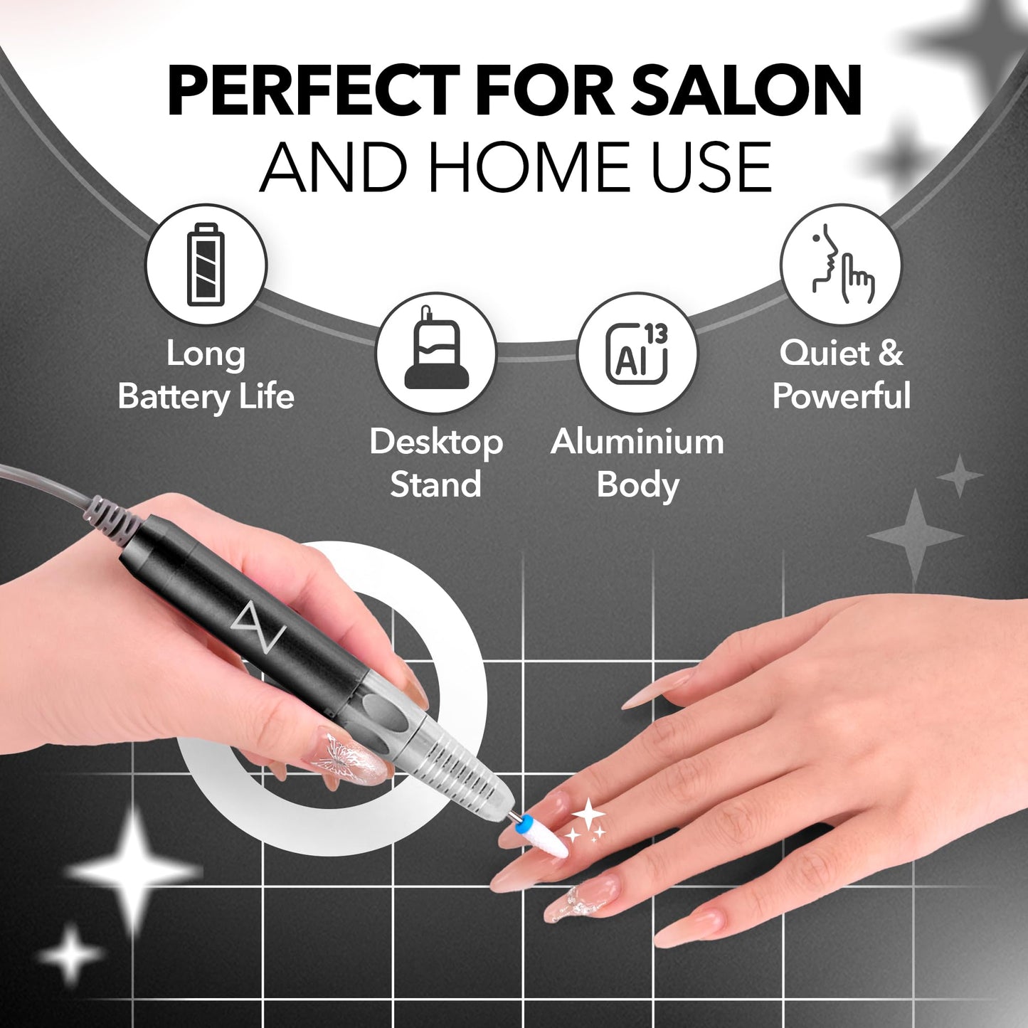 M Max - Professional Nail Drill Machine - 2-in-1 Brushless Motor Nail File - Electric, Cordless, Aluminium Alloy Casing, 35000 RPM, HD Display - Perfect for Salon & Home Use (Black)